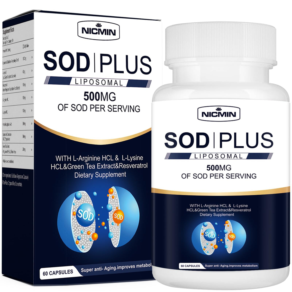 NICMIN Antioxidant Supplement 500mg Liposomal SOD front view