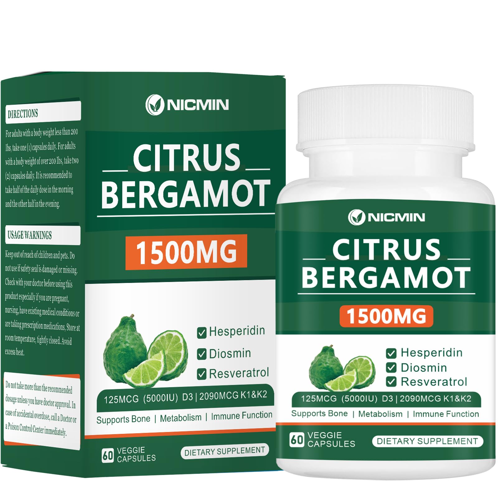 NICMIN Bergamot Supplement 1500mg front view with packaging