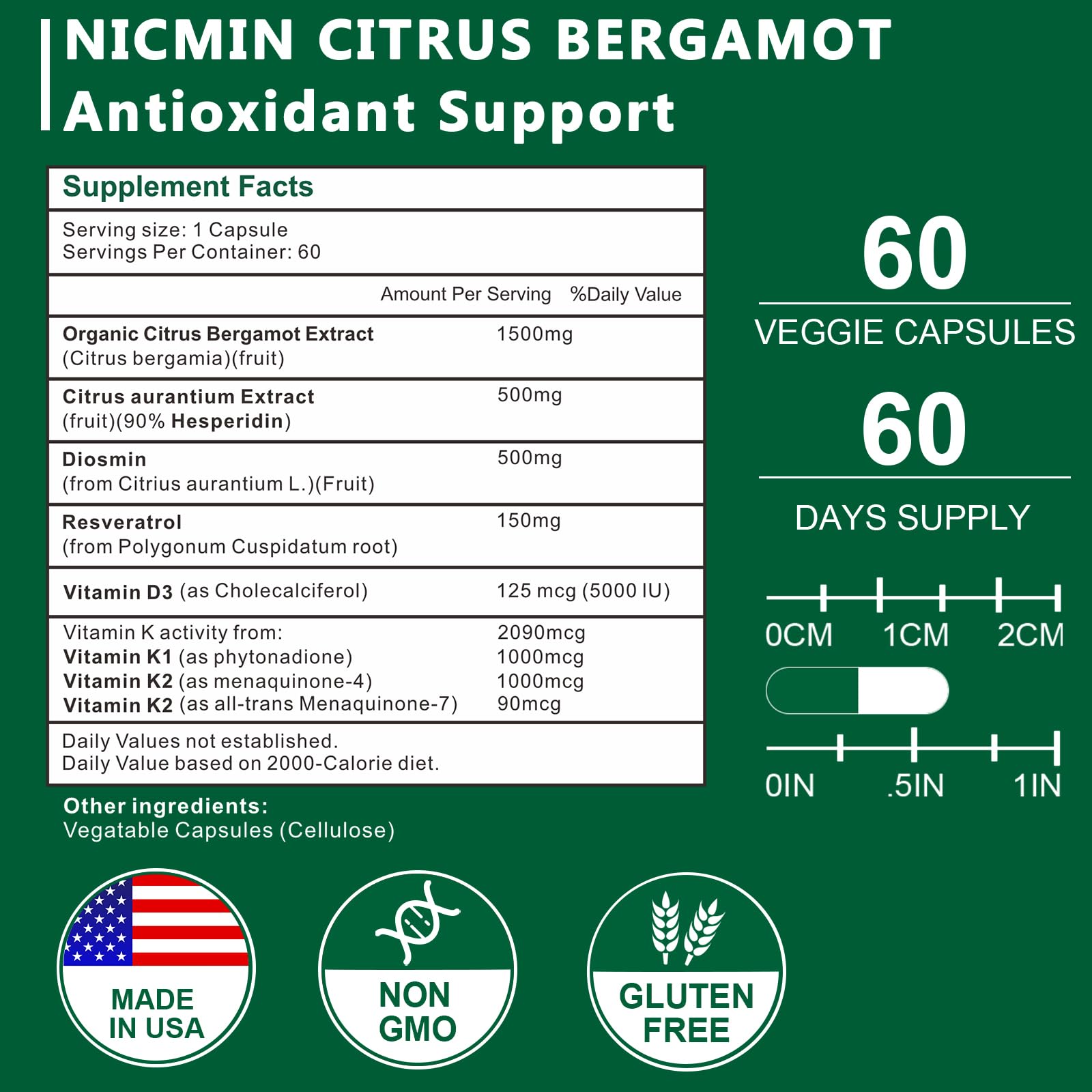 NICMIN Bergamot Supplement 1500mg side view showing capsule