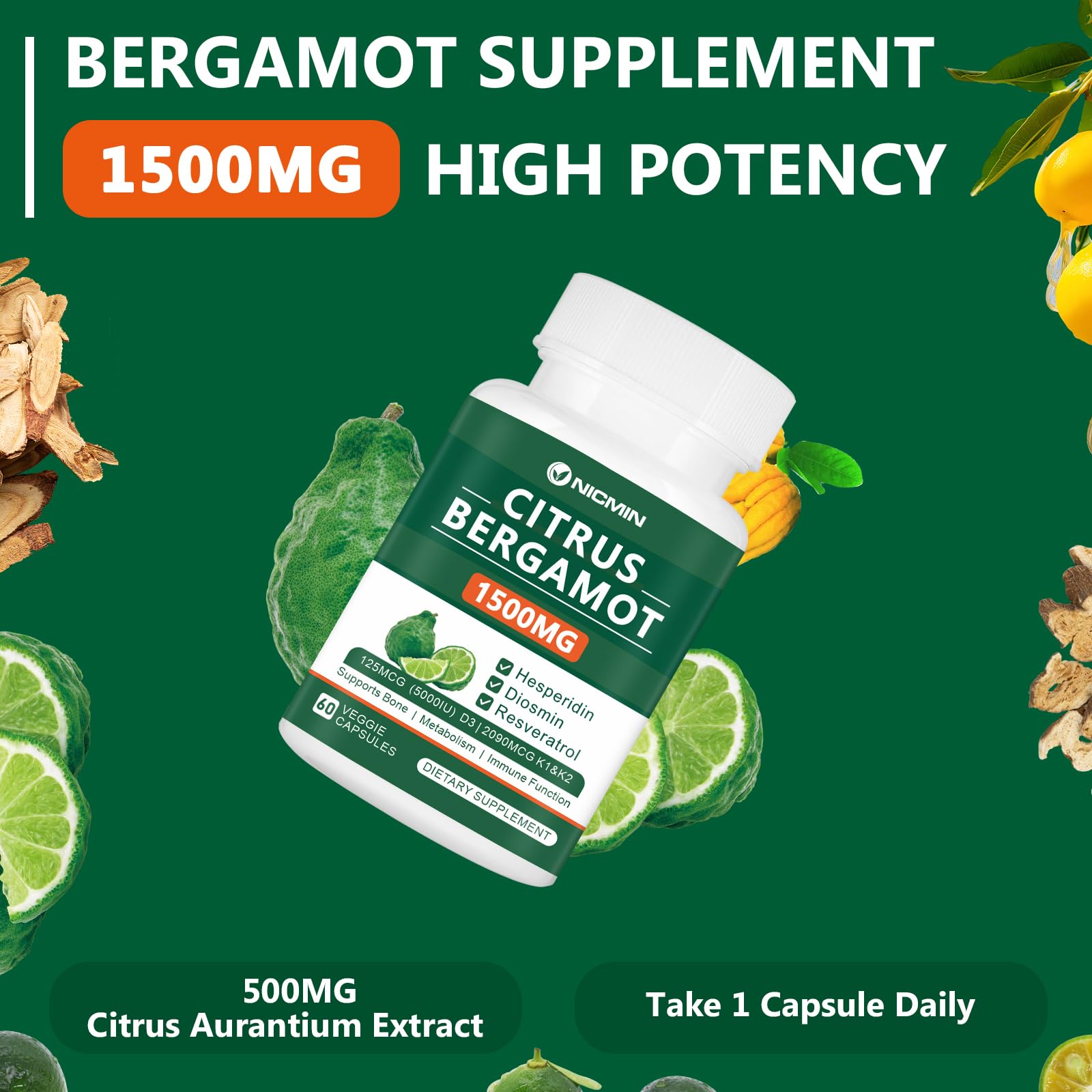 NICMIN Bergamot Supplement 1500mg with vitamins D3, K1, K2