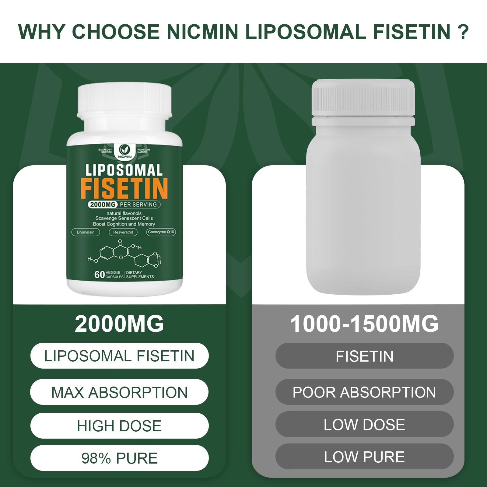 NICMIN Fisetin Supplement 2000mg bottle side view