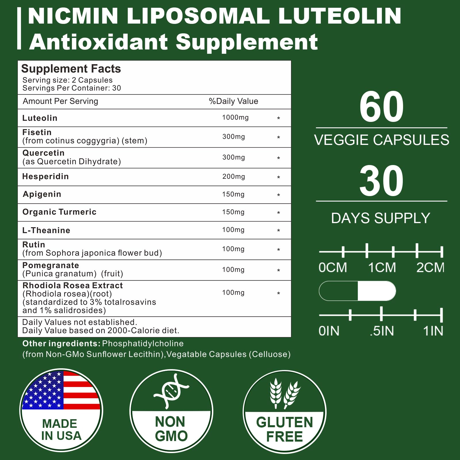 NICMIN Liposomal Luteolin Supplement bottle side view