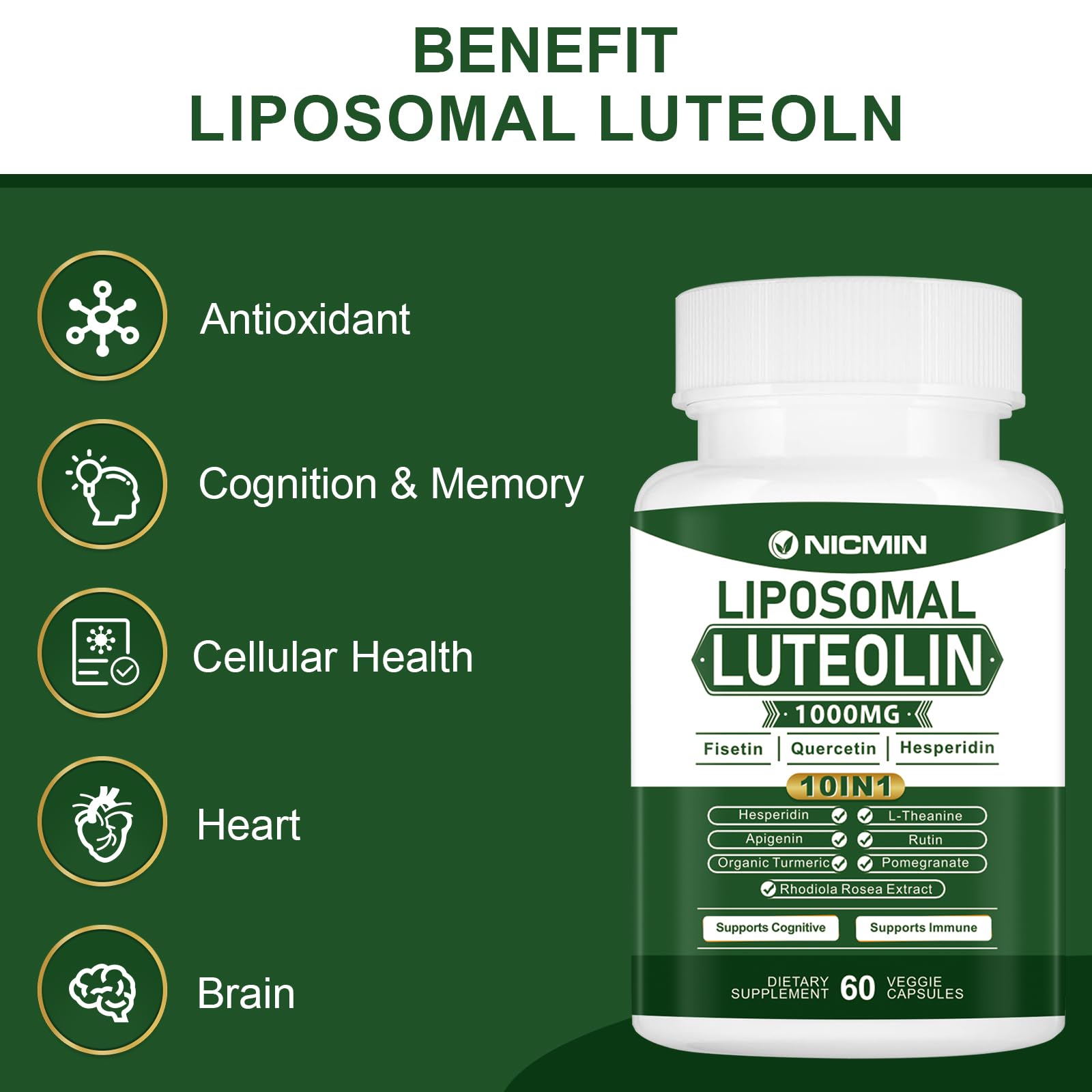 NICMIN Luteolin Supplement 70g back view with nutritional information