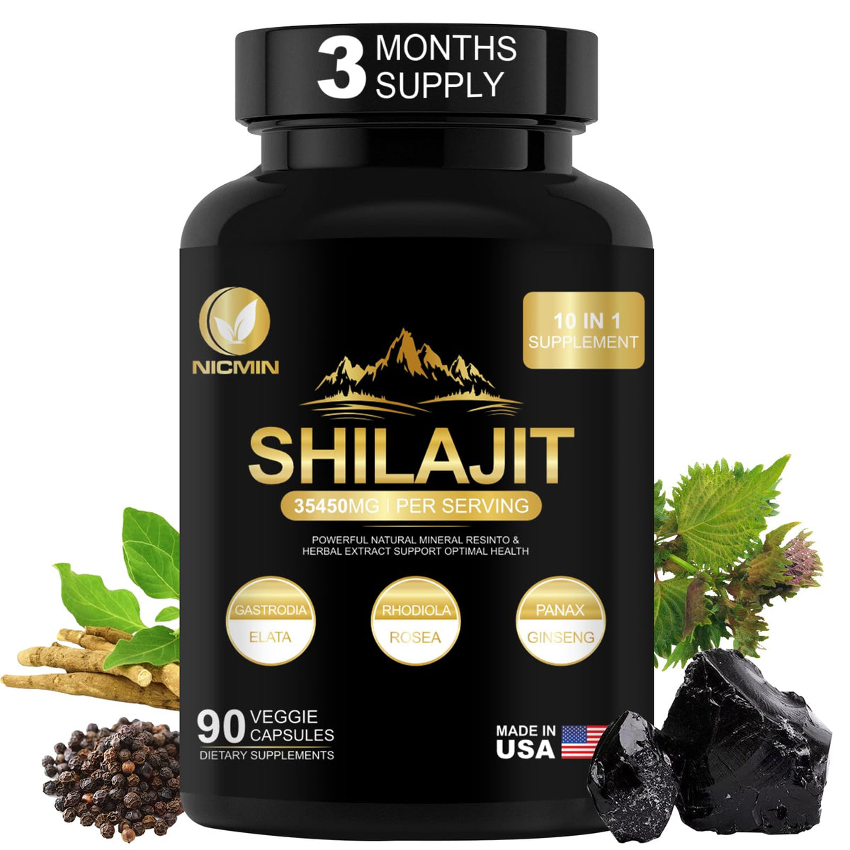 NICMIN Shilajit Supplement 10 in 1 Capsules front view