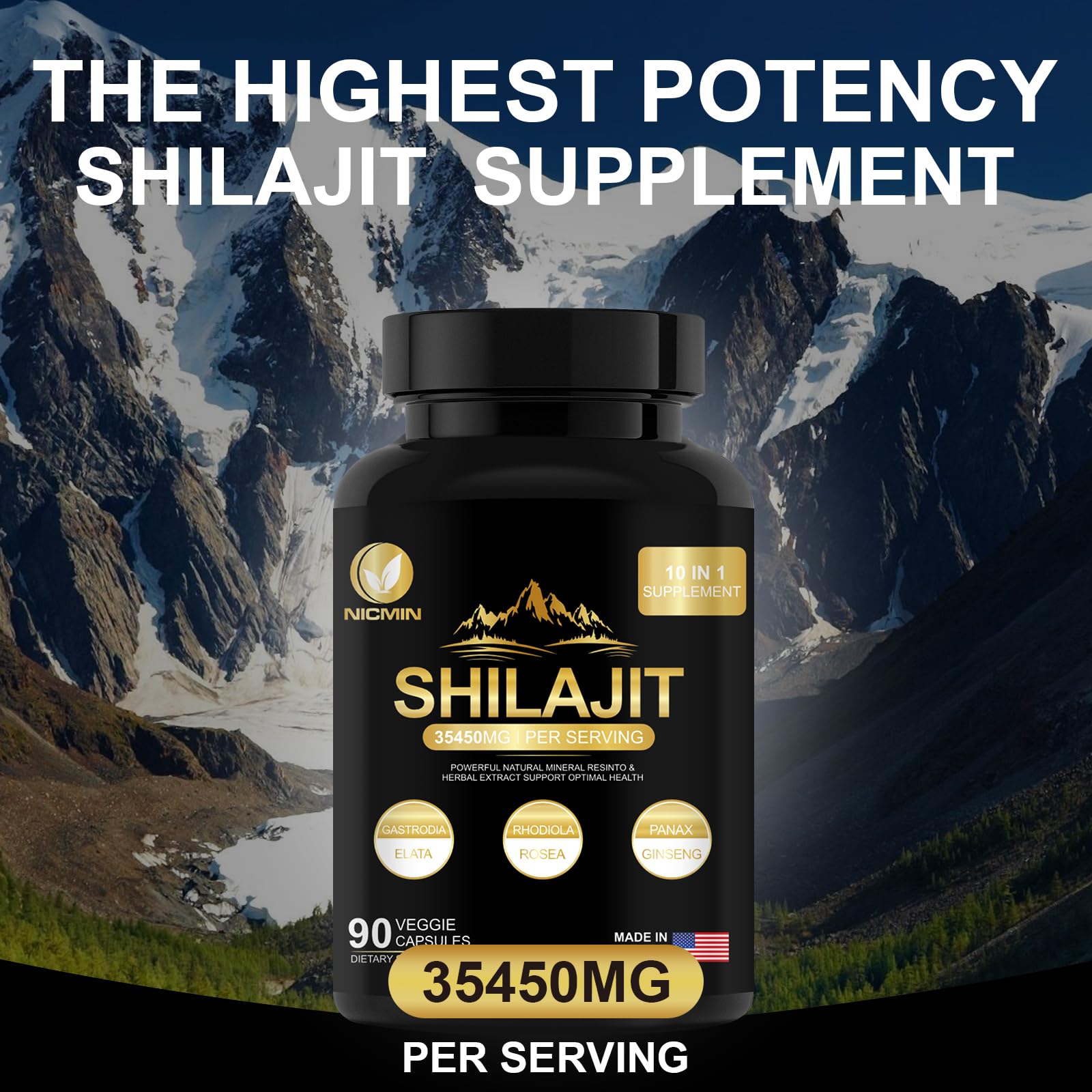 NICMIN Shilajit Supplement 10 in 1 Capsules side view