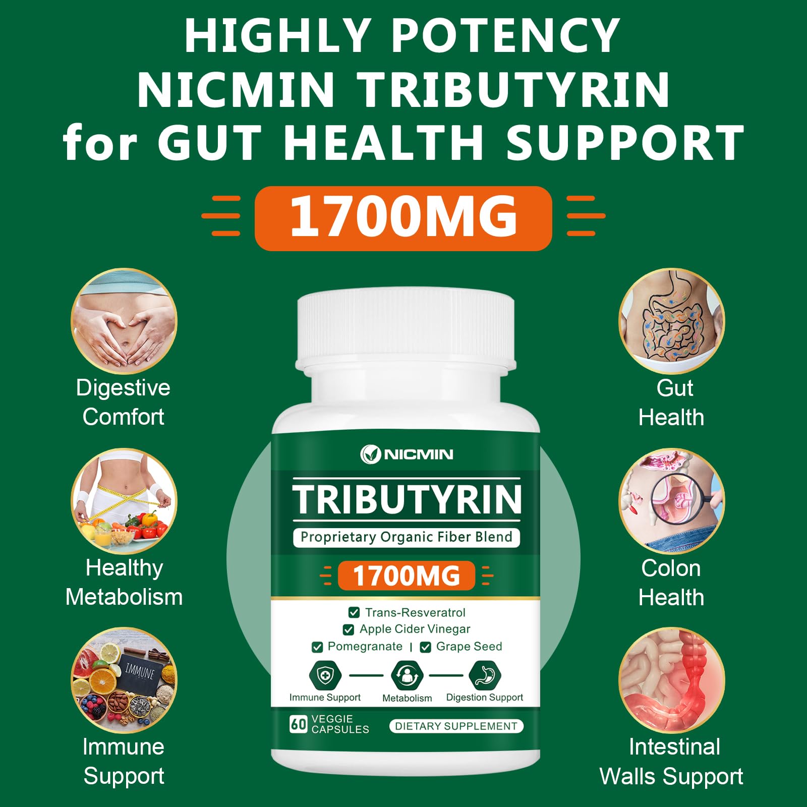 NICMIN Tributyrin Supplement 1700MG back label