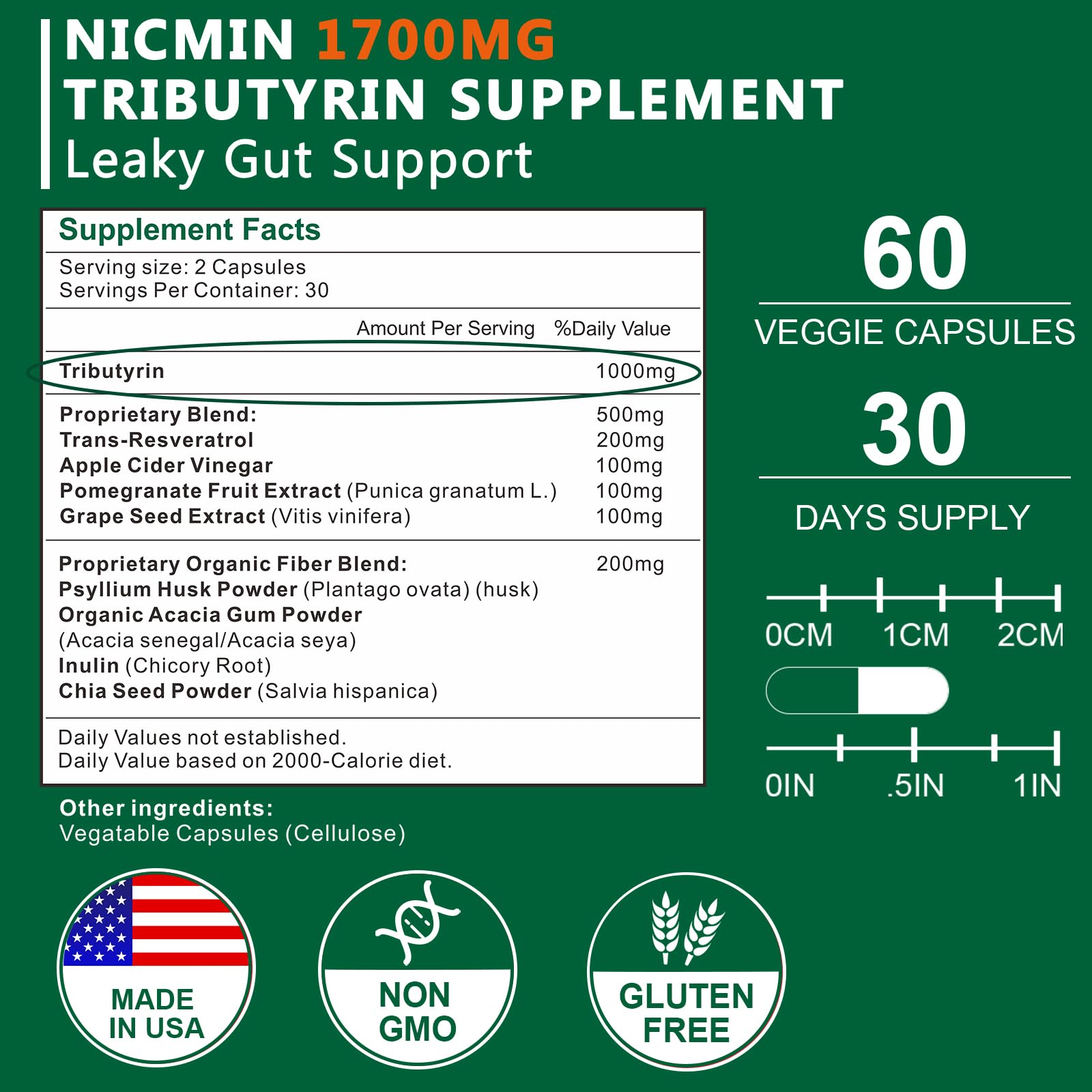 NICMIN Tributyrin Supplement 1700MG capsule close-up