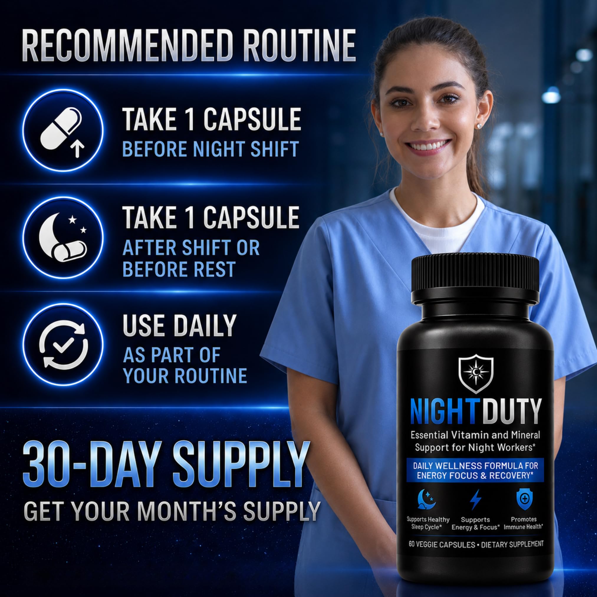 NIGHTDUTY Multivitamin bottle on a wooden table