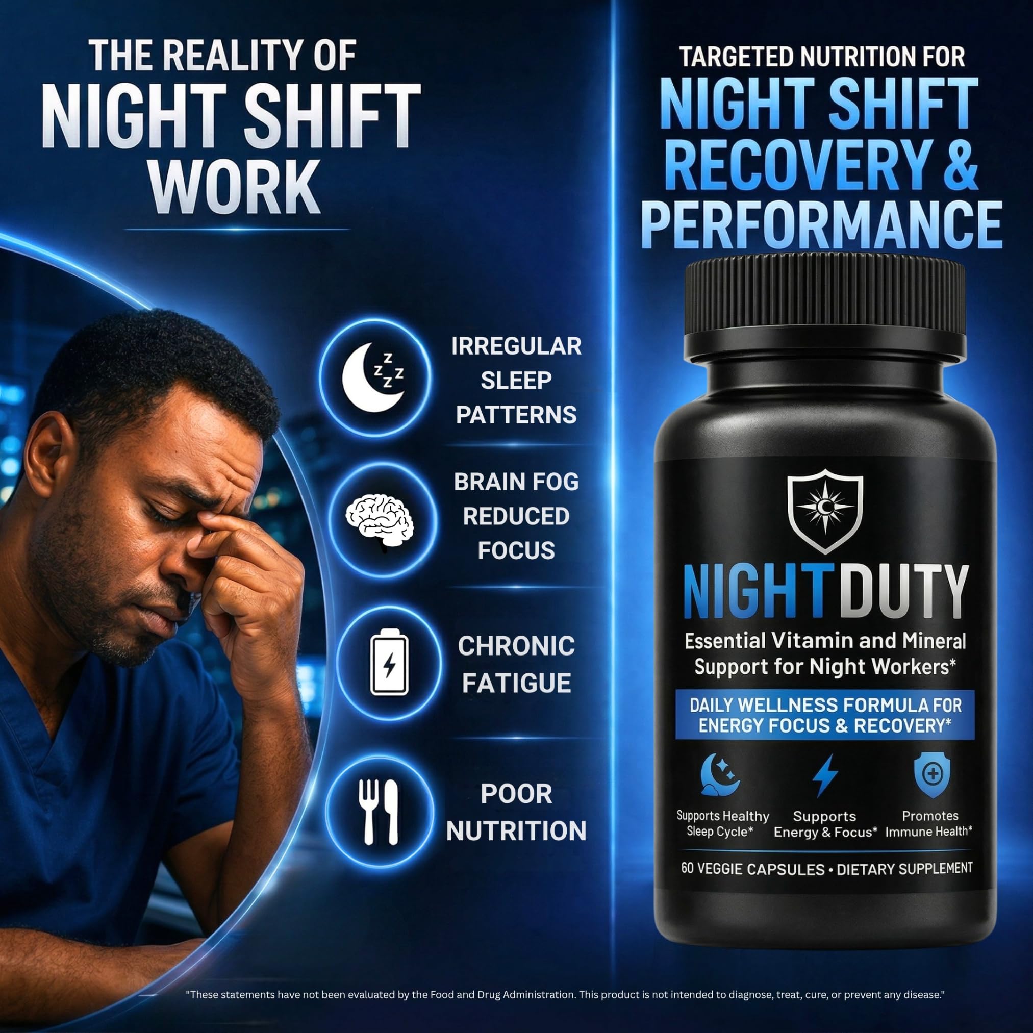 NIGHTDUTY Multivitamin capsules on a white background