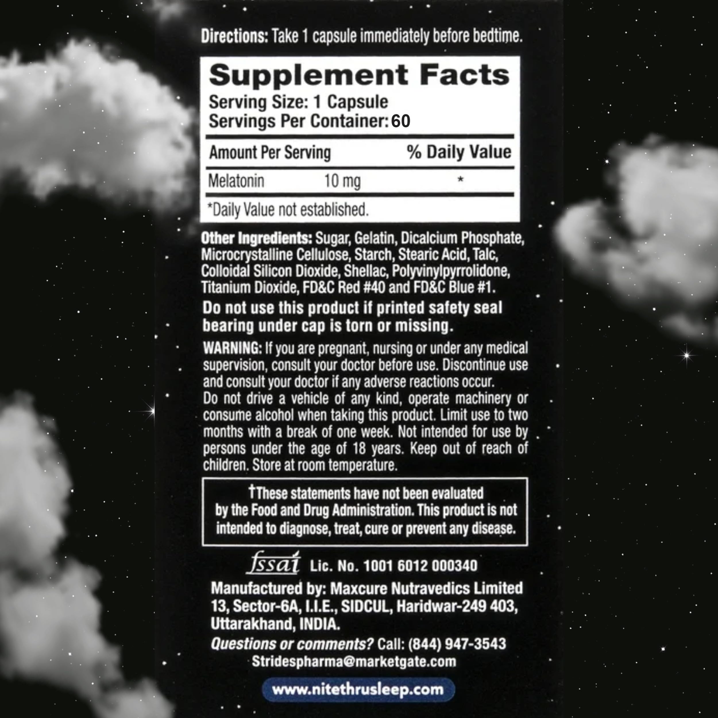 Nite Thru Advanced Sleep Supplement 10mg Melatonin capsules with ingredients list