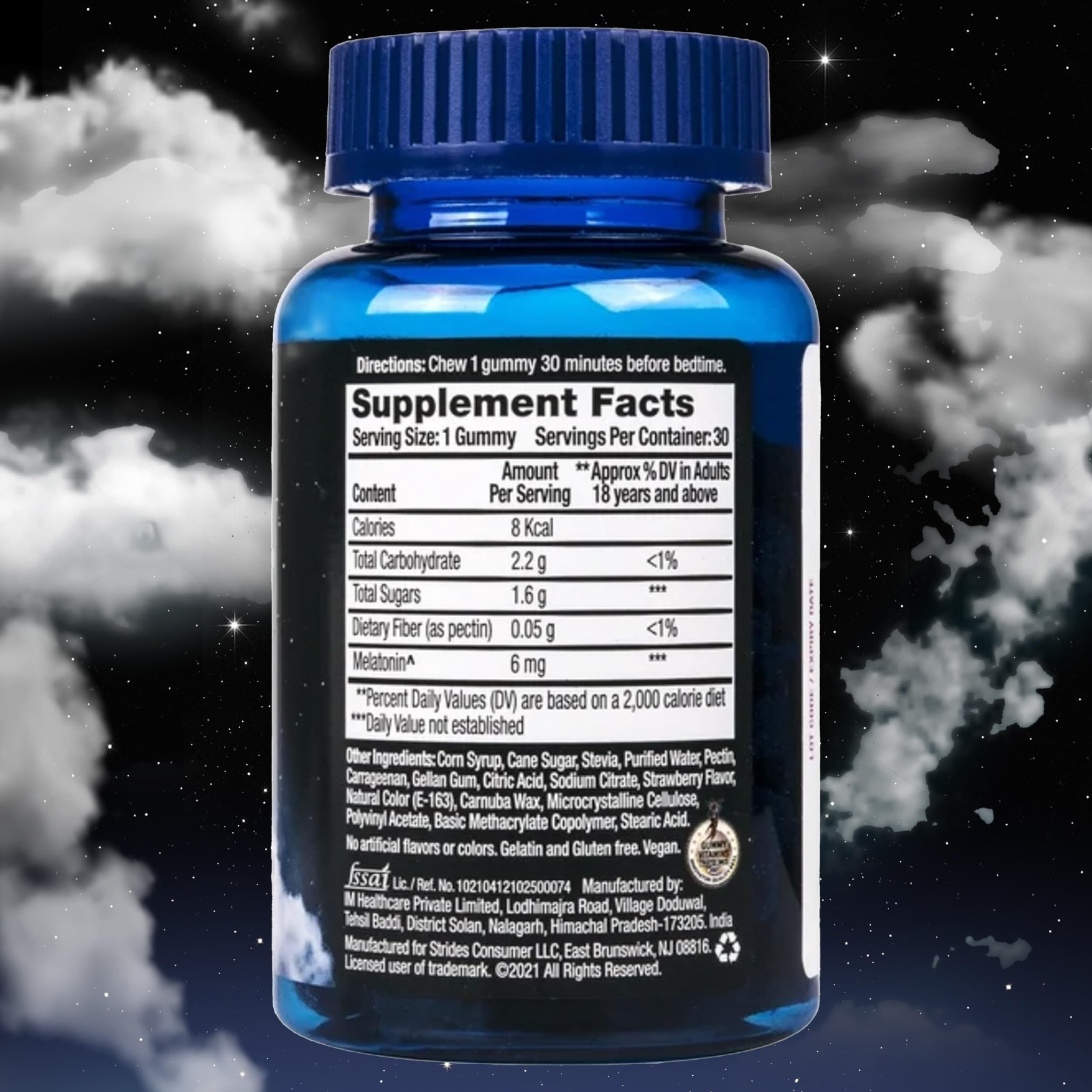 Nite Thru Melatonin Gummies display with natural ingredients