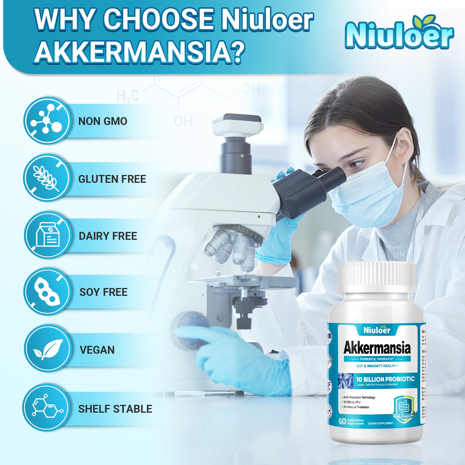 Niuloer Probiotic Supplement capsules on a table