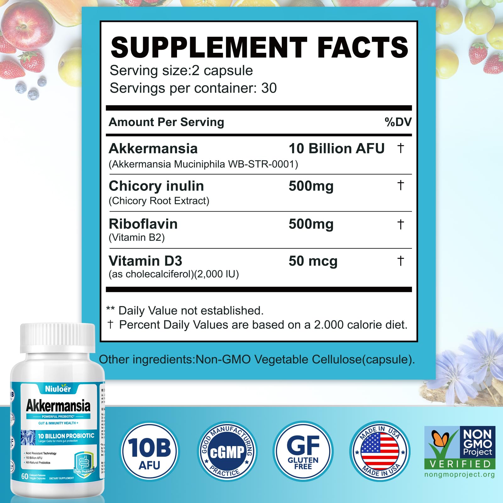 Niuloer Probiotic Supplement packaging side view