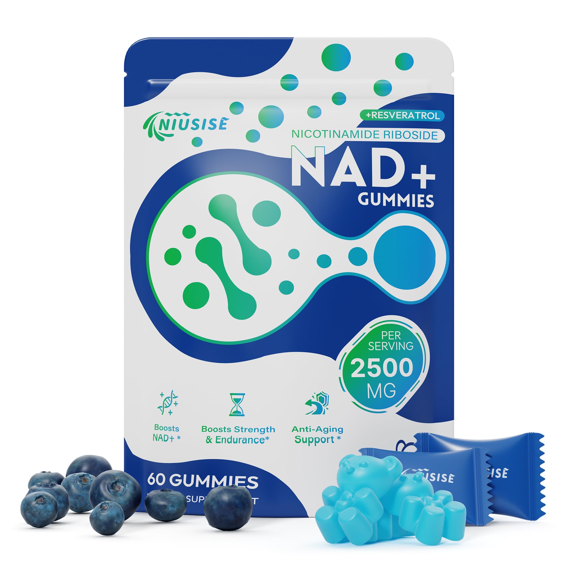 NIUSISE NAD+ Gummies front view, 60 count bottle