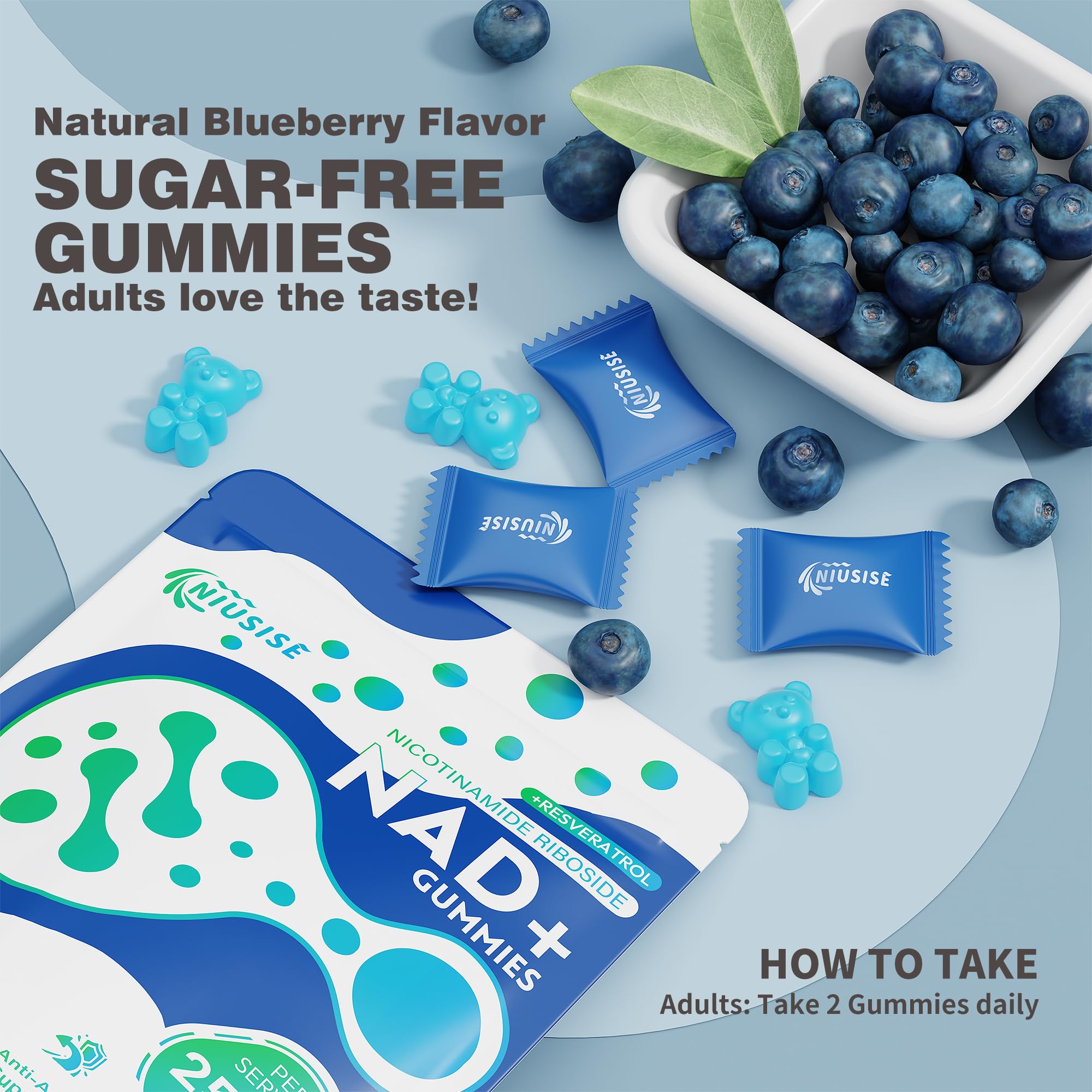 NIUSISE NAD+ Gummies lifestyle scene with healthy snacks