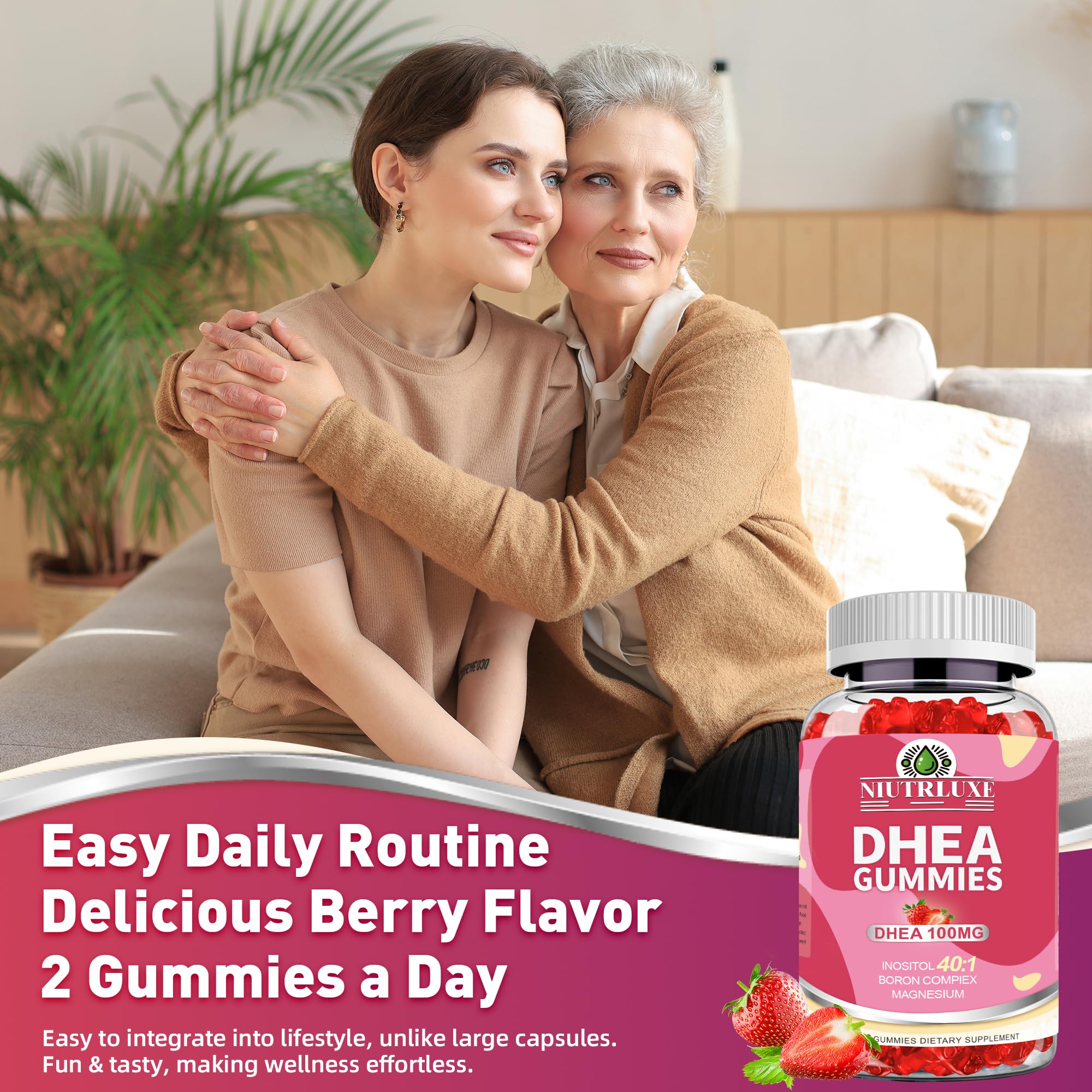 NIUTRLUXE DHEA Gummies bottle on a kitchen counter