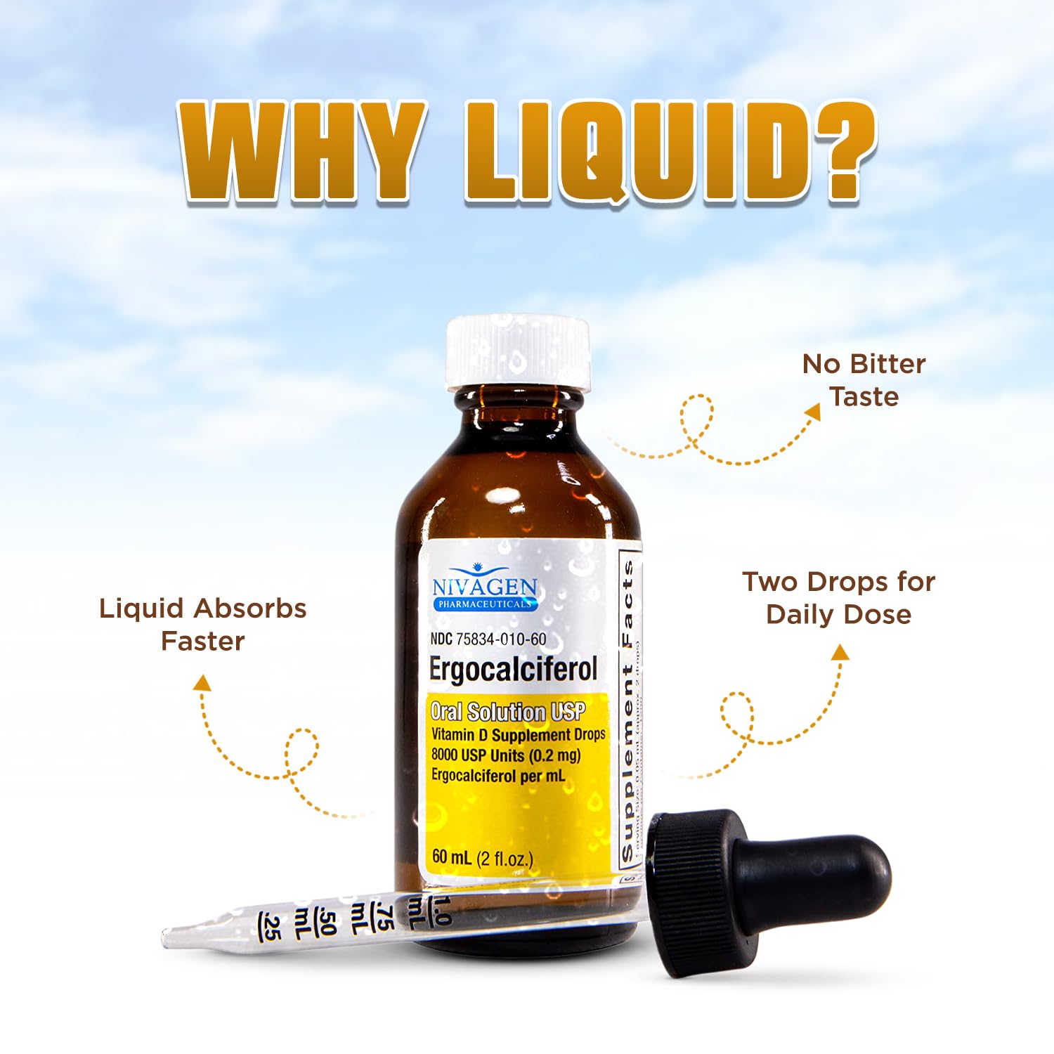Nivagen Vitamin D2 Liquid Drops 60ml bottle on a wooden table