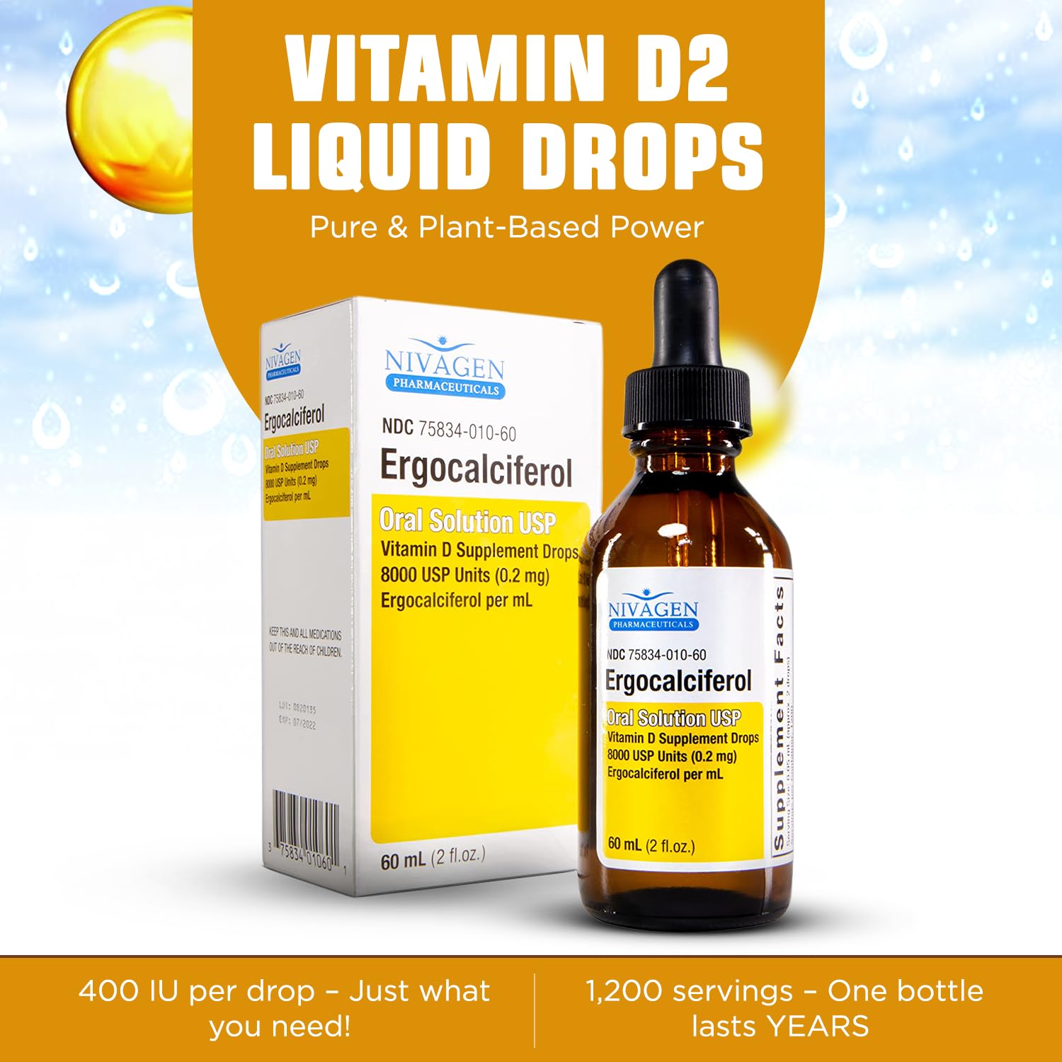 Nivagen Vitamin D2 Liquid Drops 60ml bottle side view
