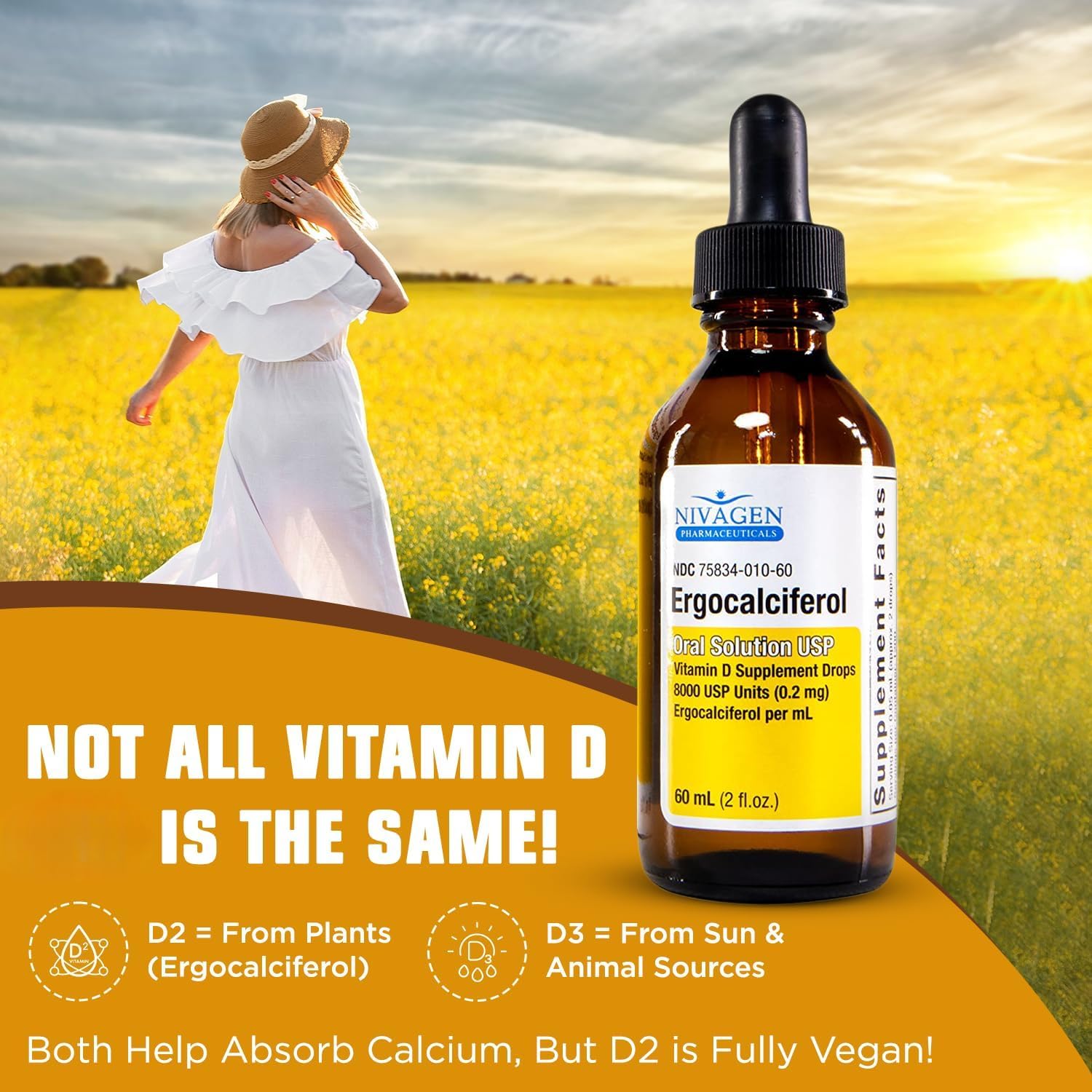 Nivagen Vitamin D2 Liquid Drops 60ml bottle with dropper
