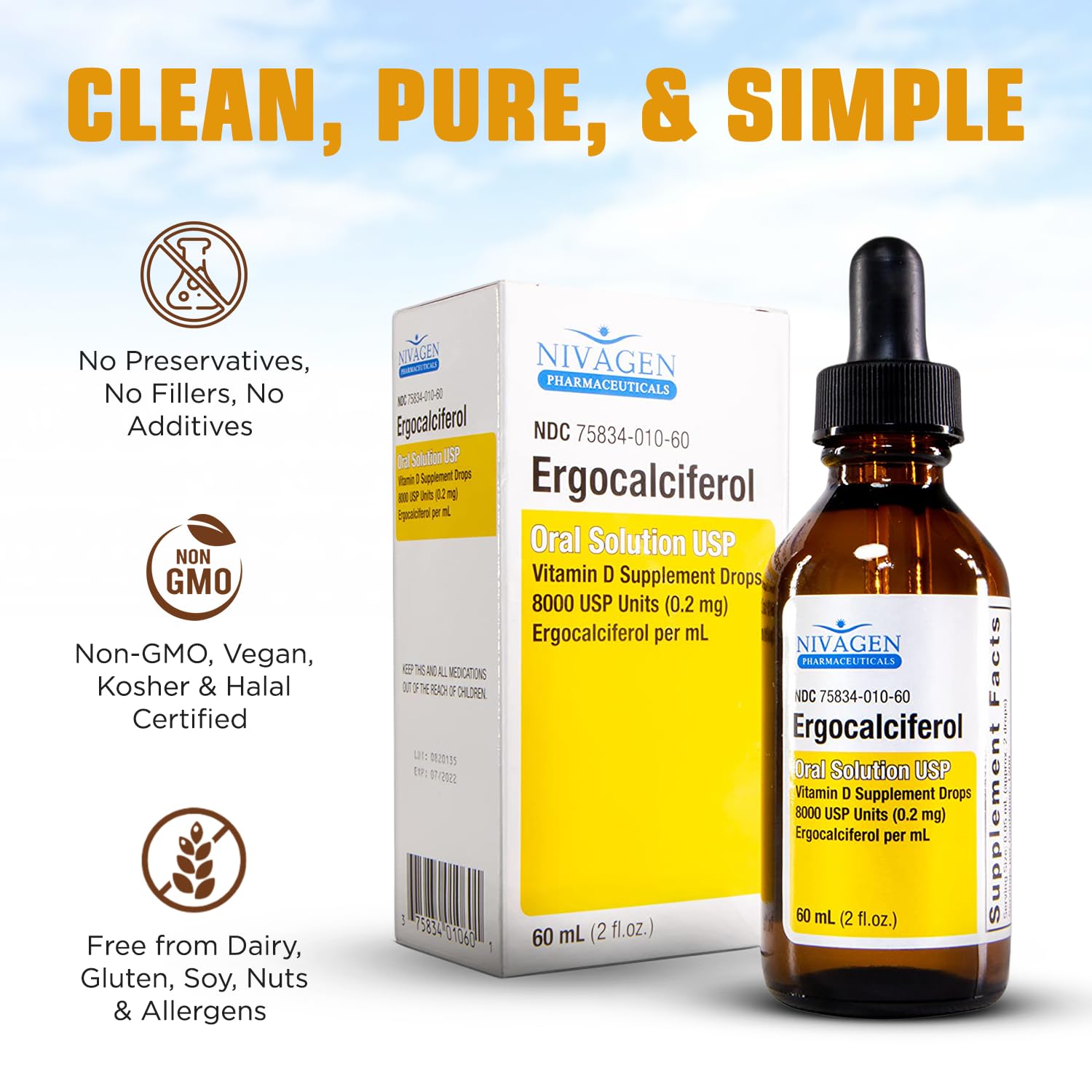 Nivagen Vitamin D2 Liquid Drops 60ml bottle with ingredients list