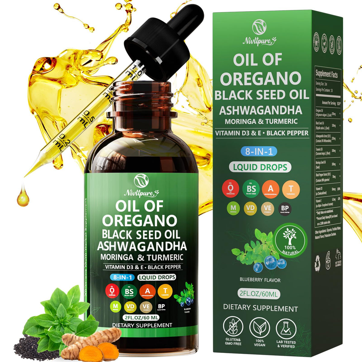 Nivltpure Oregano Oil 8-in-1 Herbal Supplement bottle front view