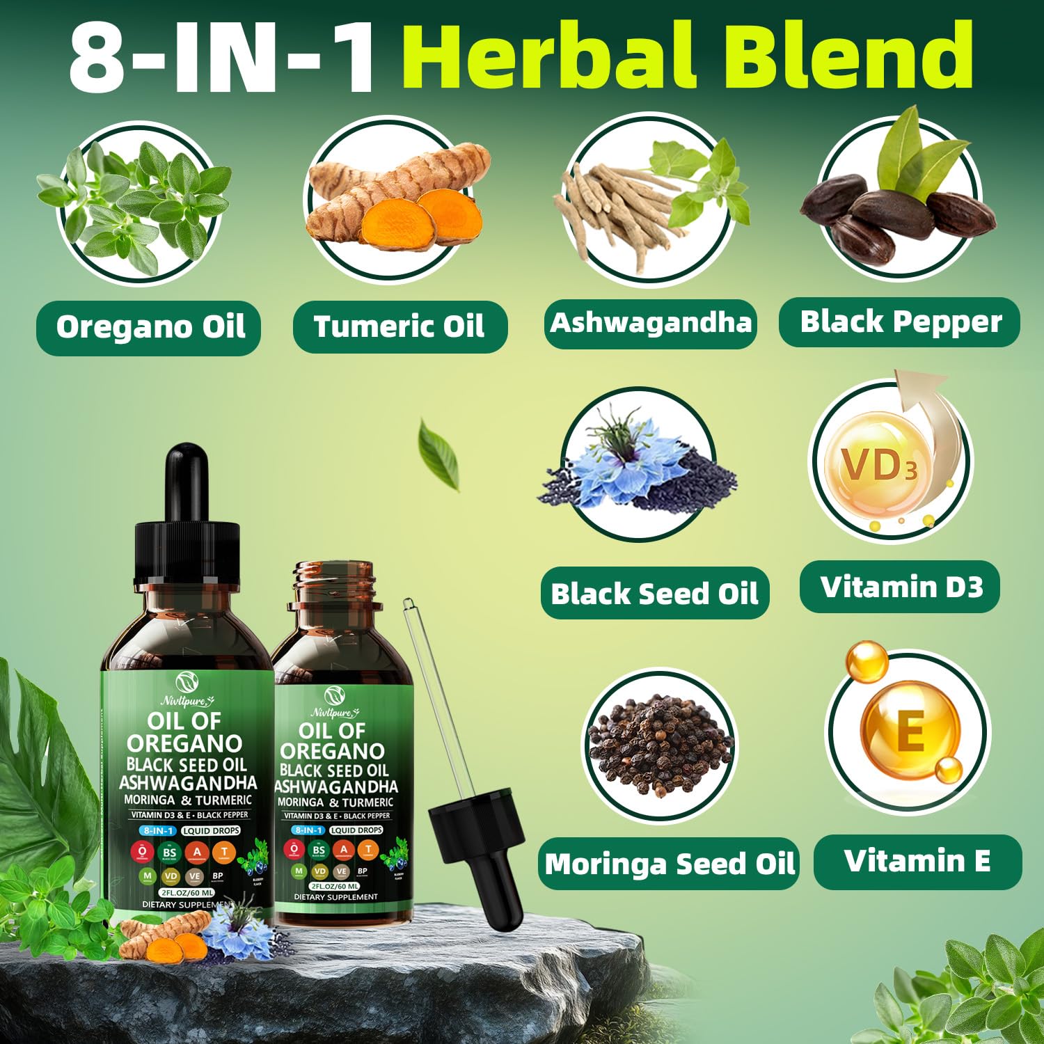 Nivltpure Oregano Oil 8-in-1 Herbal Supplement bottle side view