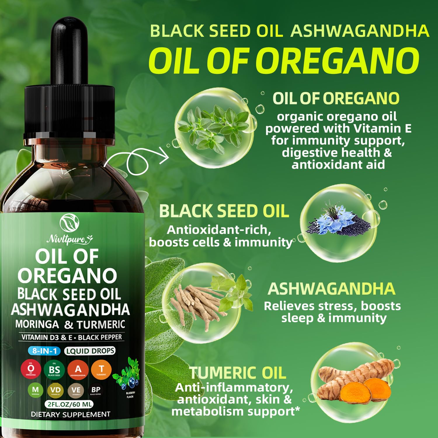 Nivltpure Oregano Oil 8-in-1 Herbal Supplement ingredients list