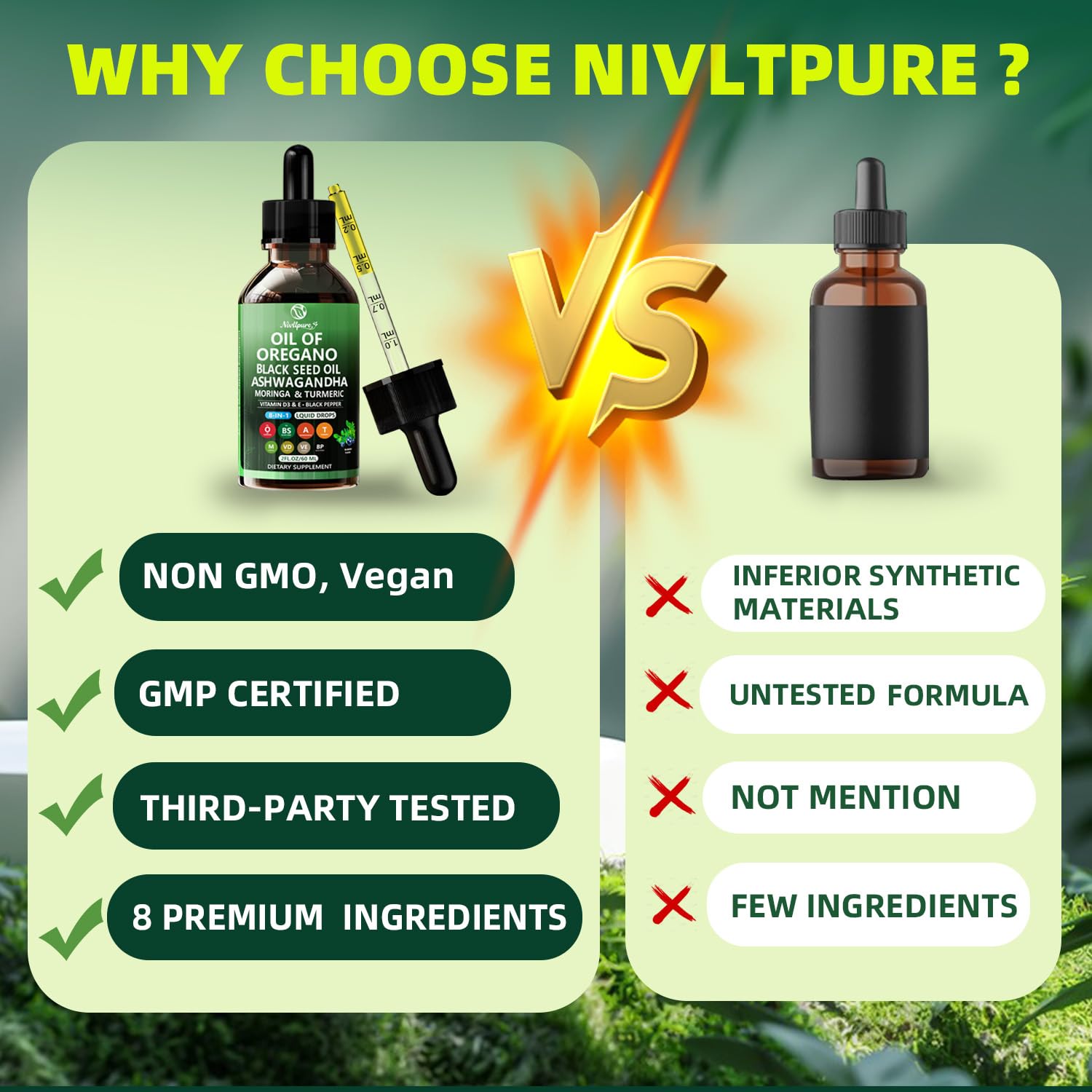 Nivltpure Oregano Oil 8-in-1 Herbal Supplement with a measuring spoon