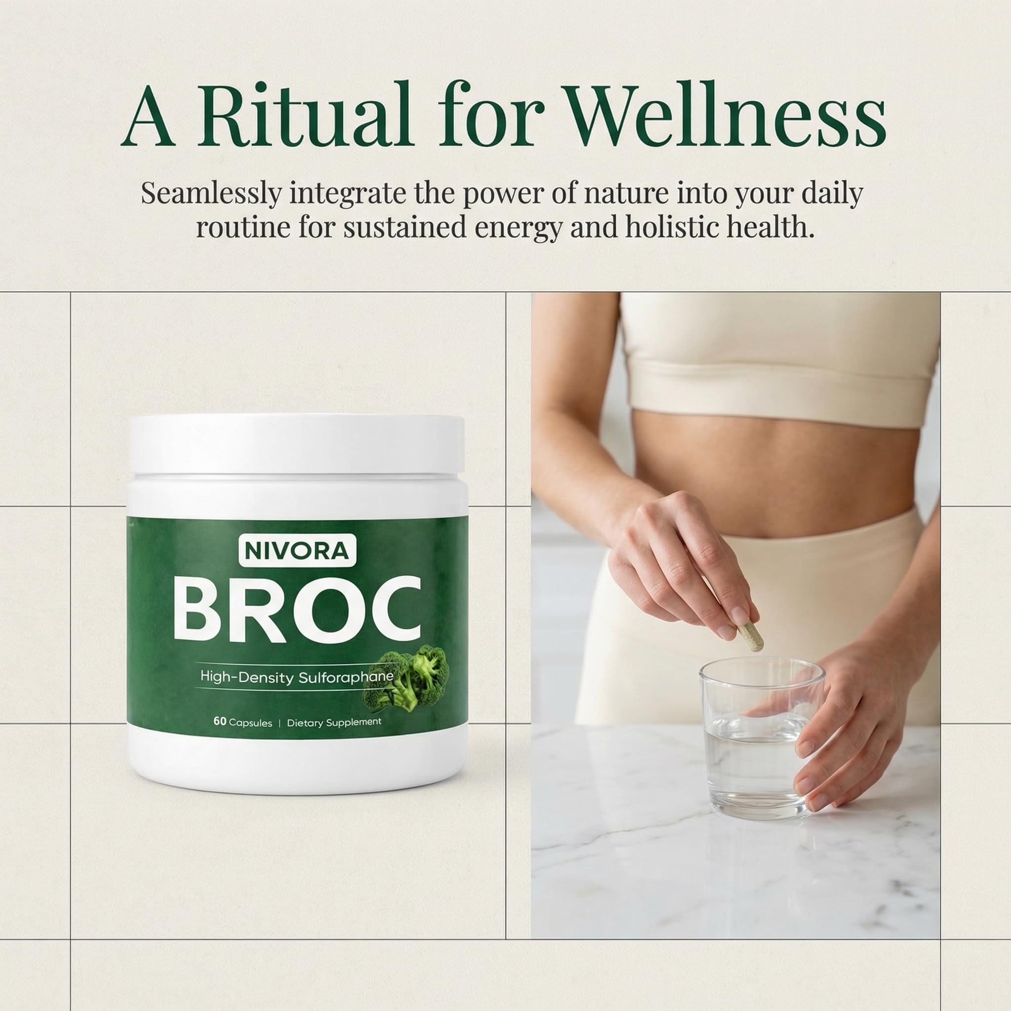 NIVORA Broccoli Sprout Supplement displayed with a measuring spoon