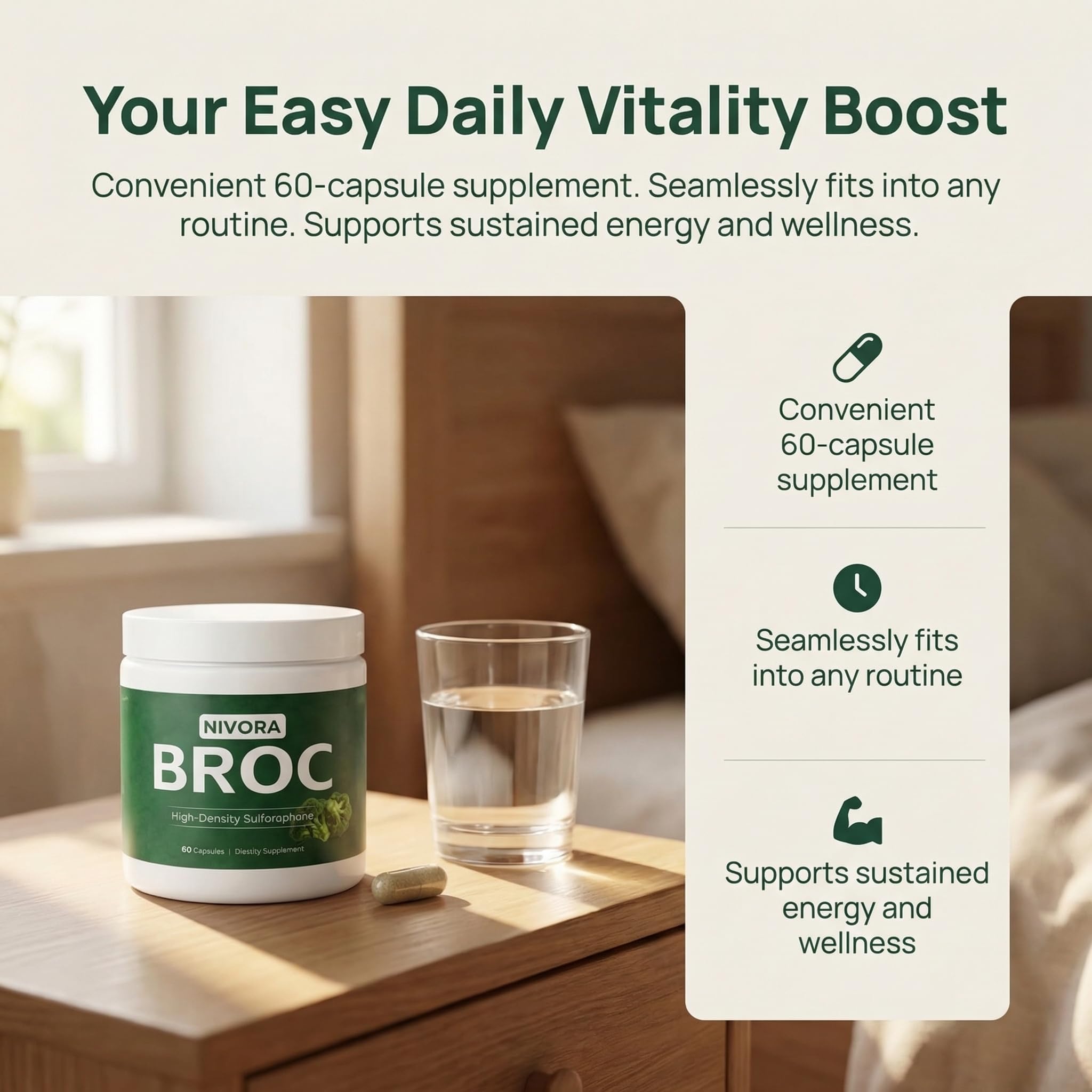 NIVORA Broccoli Sprout Supplement in a lifestyle setting