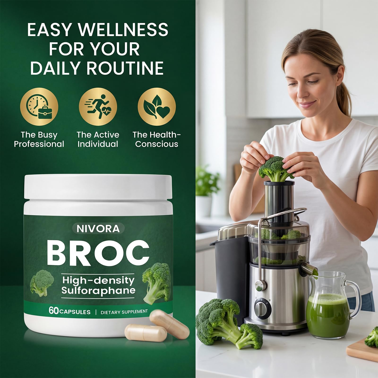NIVORA High-Density Sulforaphane Capsules on a wooden table