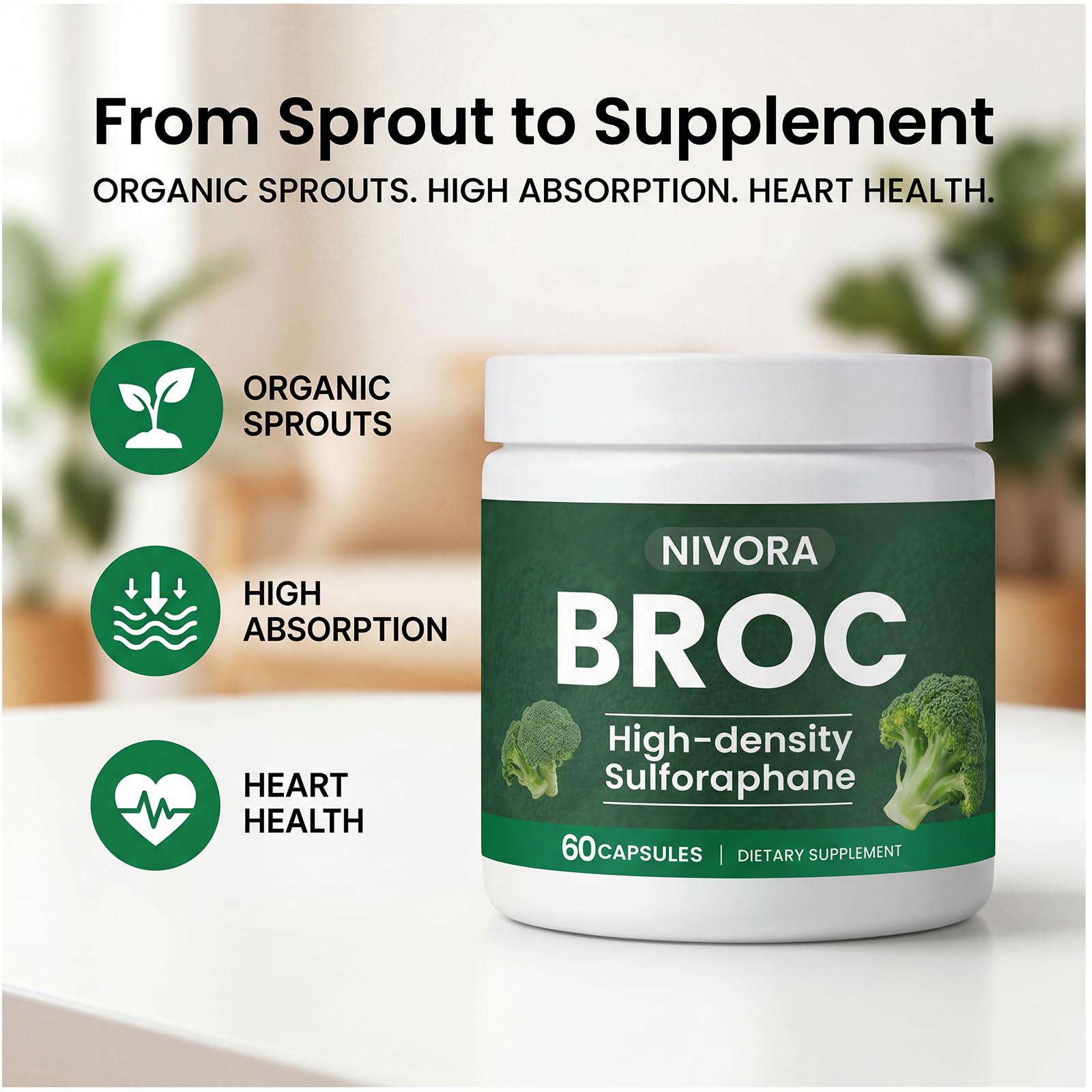 NIVORA High-Density Sulforaphane Capsules open bottle showing capsules