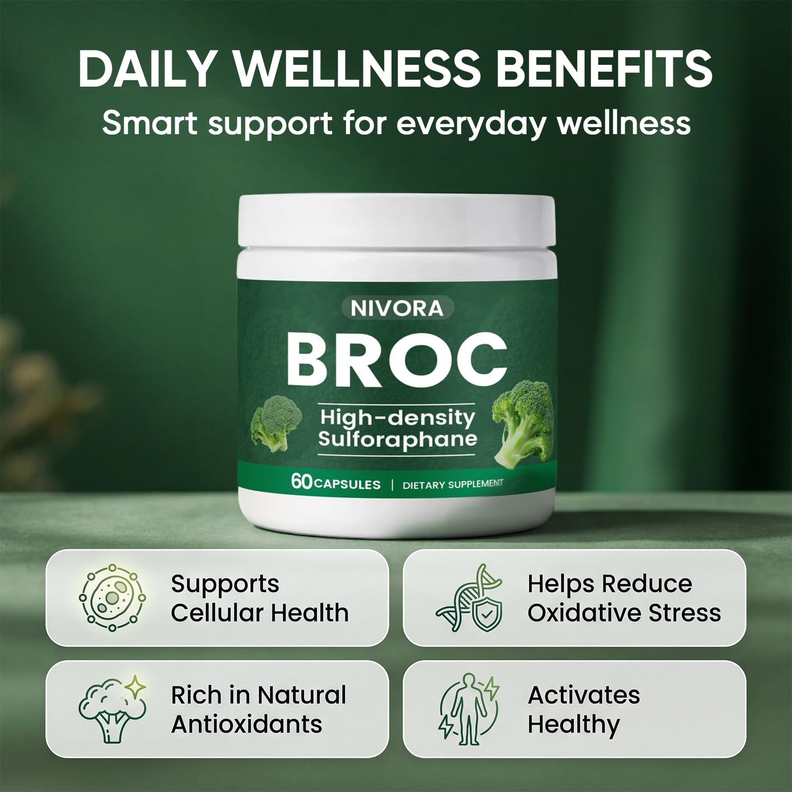 NIVORA High-Density Sulforaphane Capsules with a close-up of the label