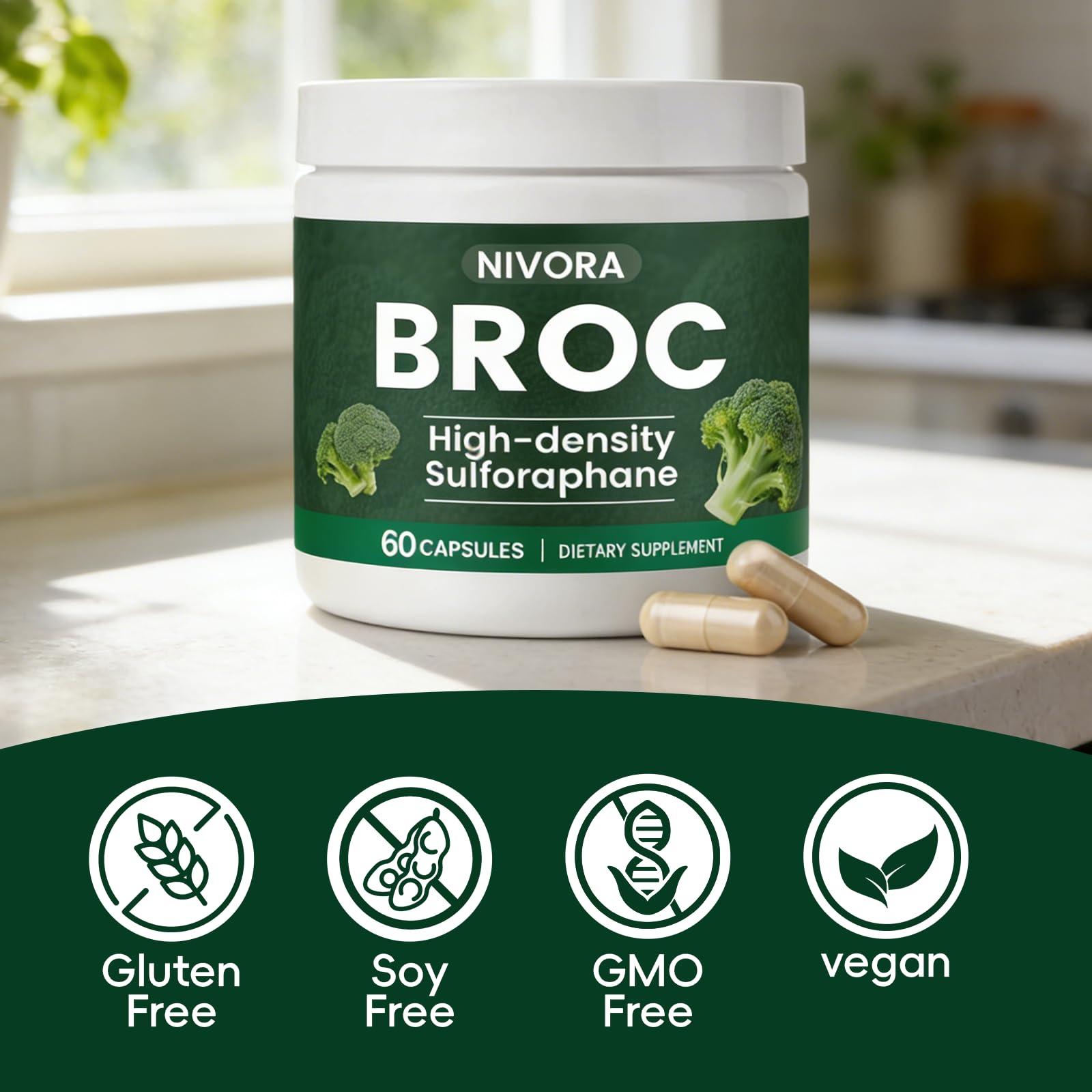 NIVORA High-Density Sulforaphane Capsules with a measuring spoon