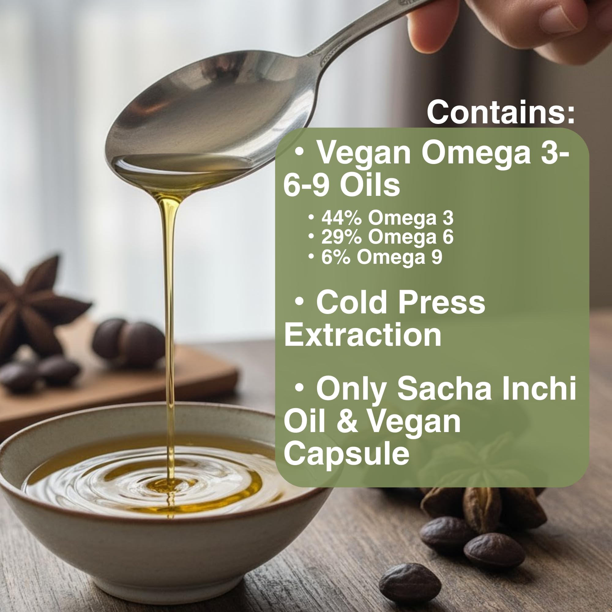 NKG Sacha Inchi Oil capsules on a wooden surface