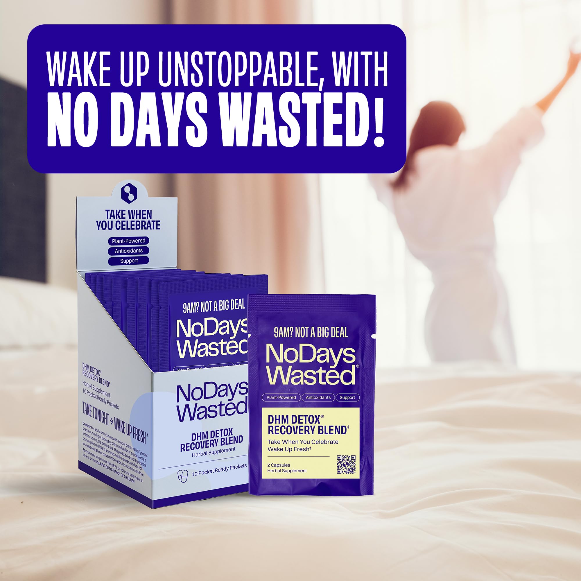 No Days Wasted DHM Capsules with a celebration background