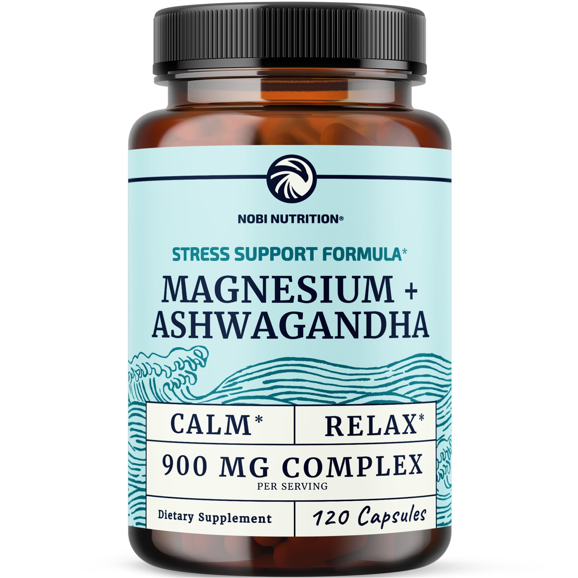 Nobi Nutrition Magnesium + Ashwagandha 120 capsules front view