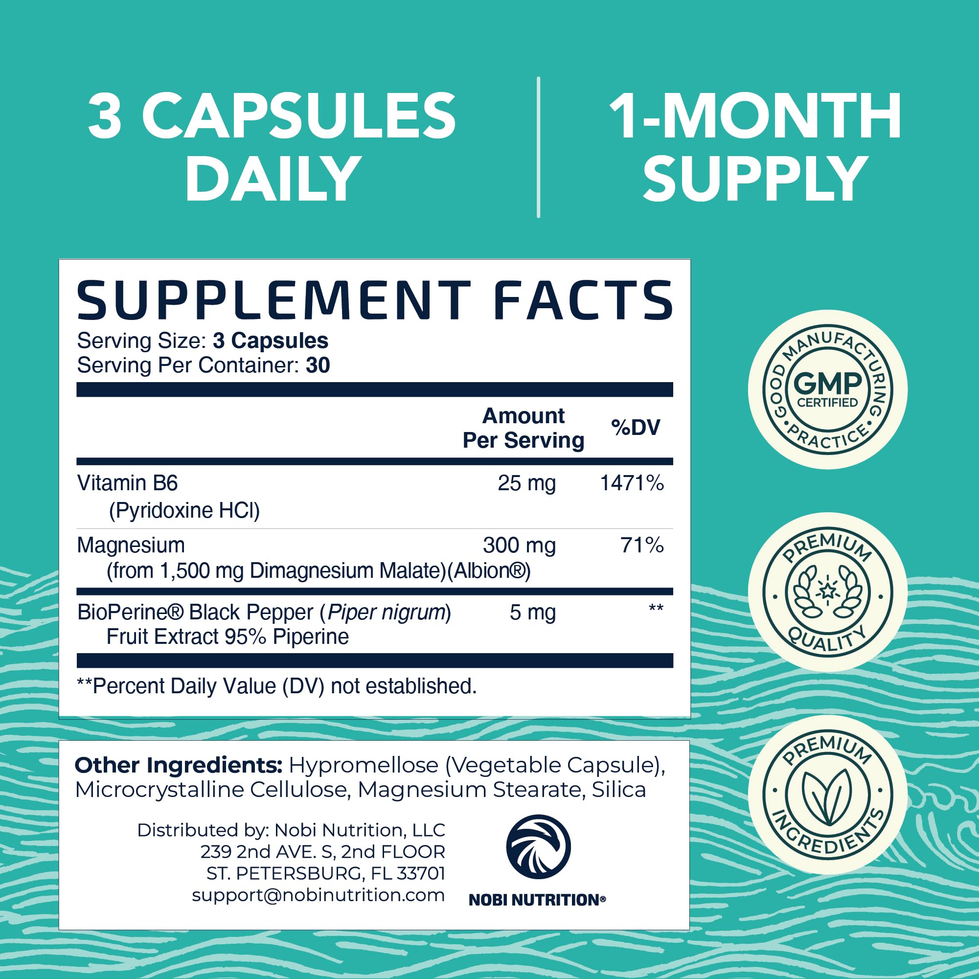 Nobi Nutrition Magnesium Malate capsules beside a glass of water