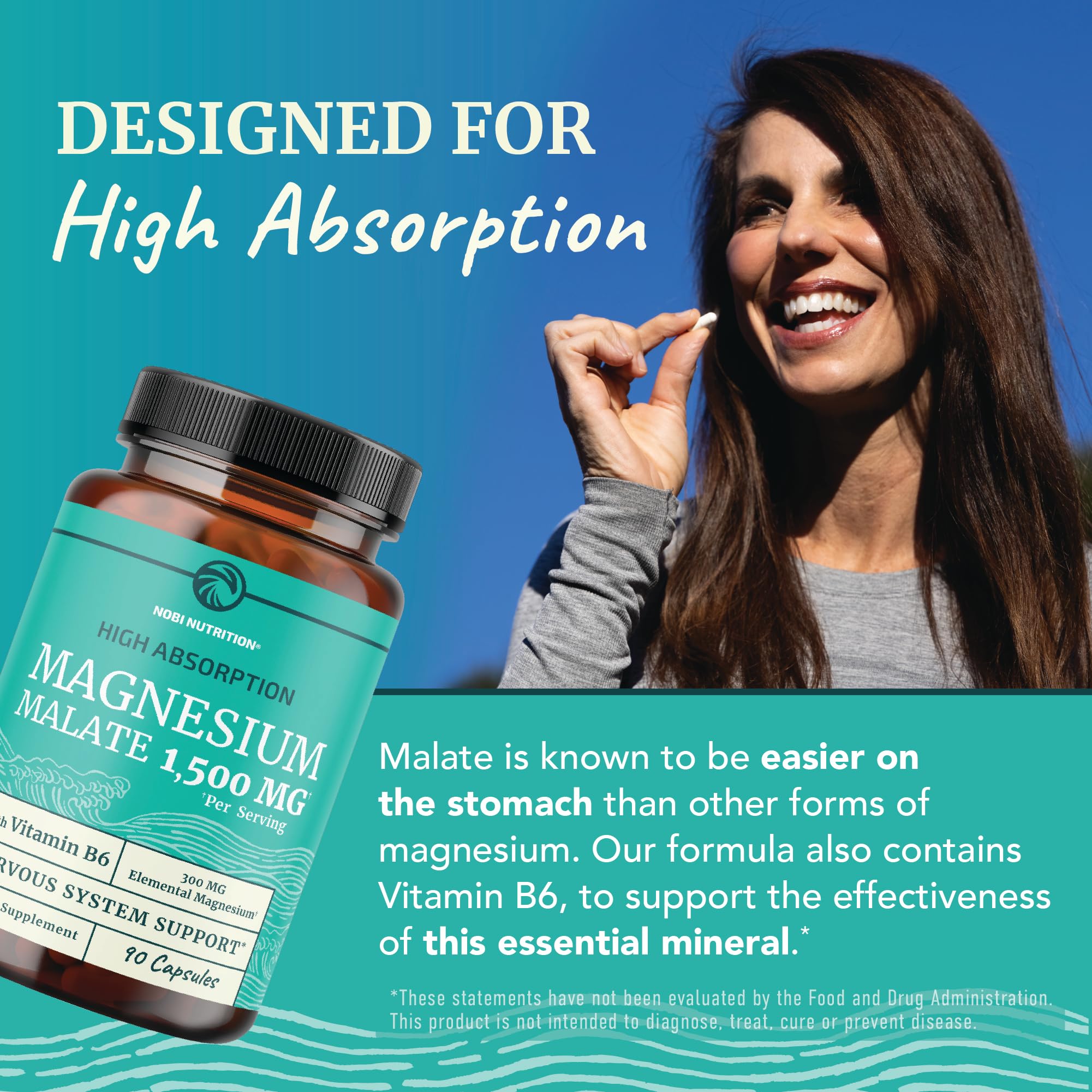 Nobi Nutrition Magnesium Malate capsules on a wooden table