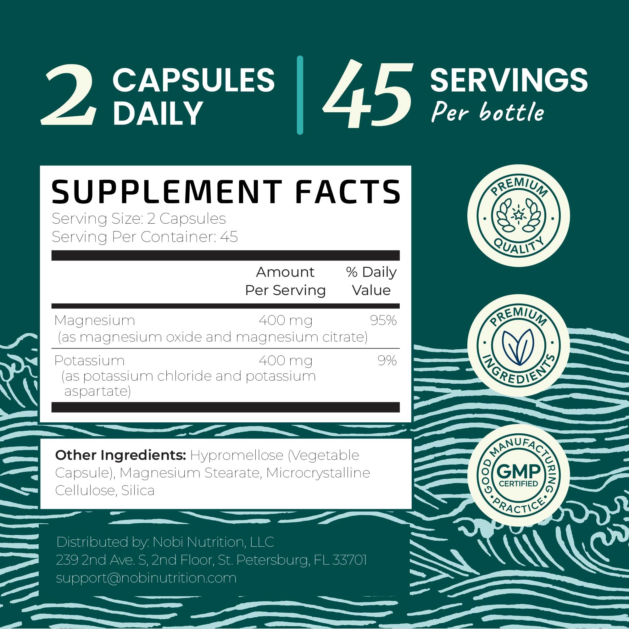 Nobi Nutrition Magnesium Potassium Supplement 400mg capsules close-up
