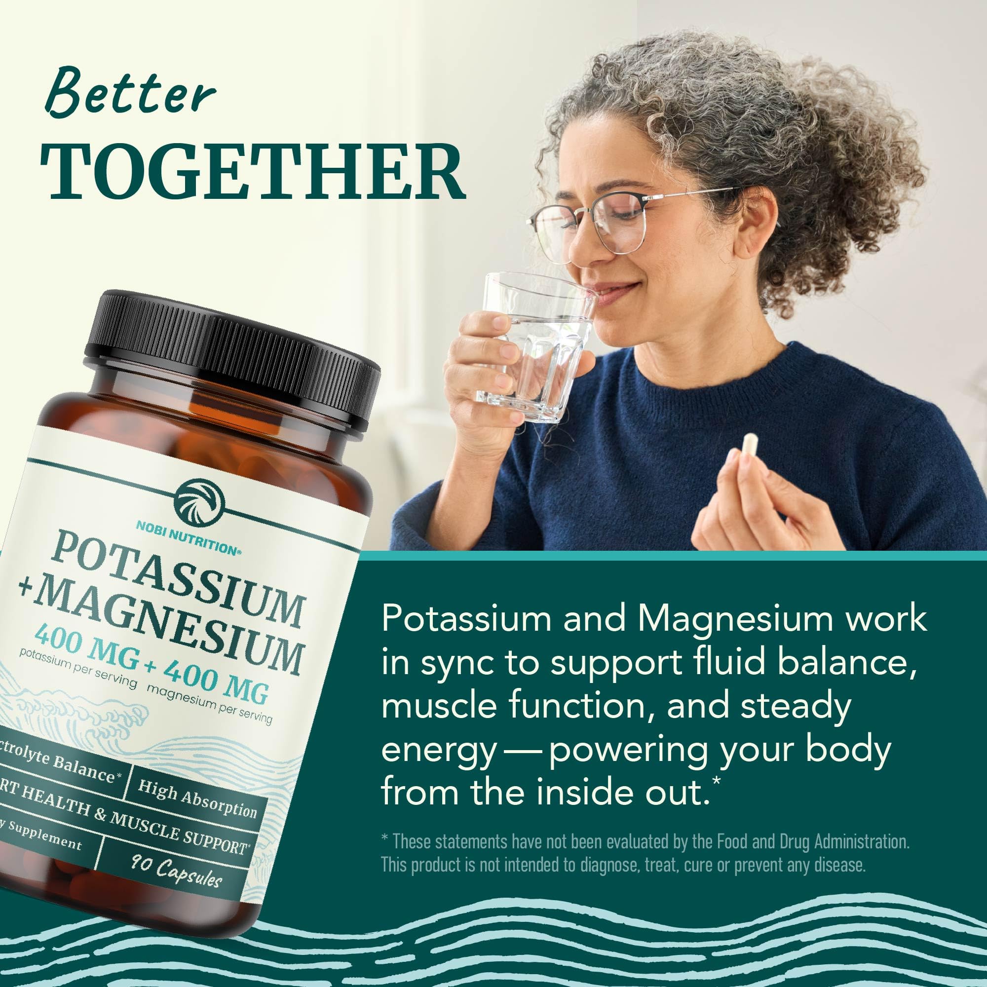 Nobi Nutrition Magnesium Potassium Supplement 400mg on wooden table