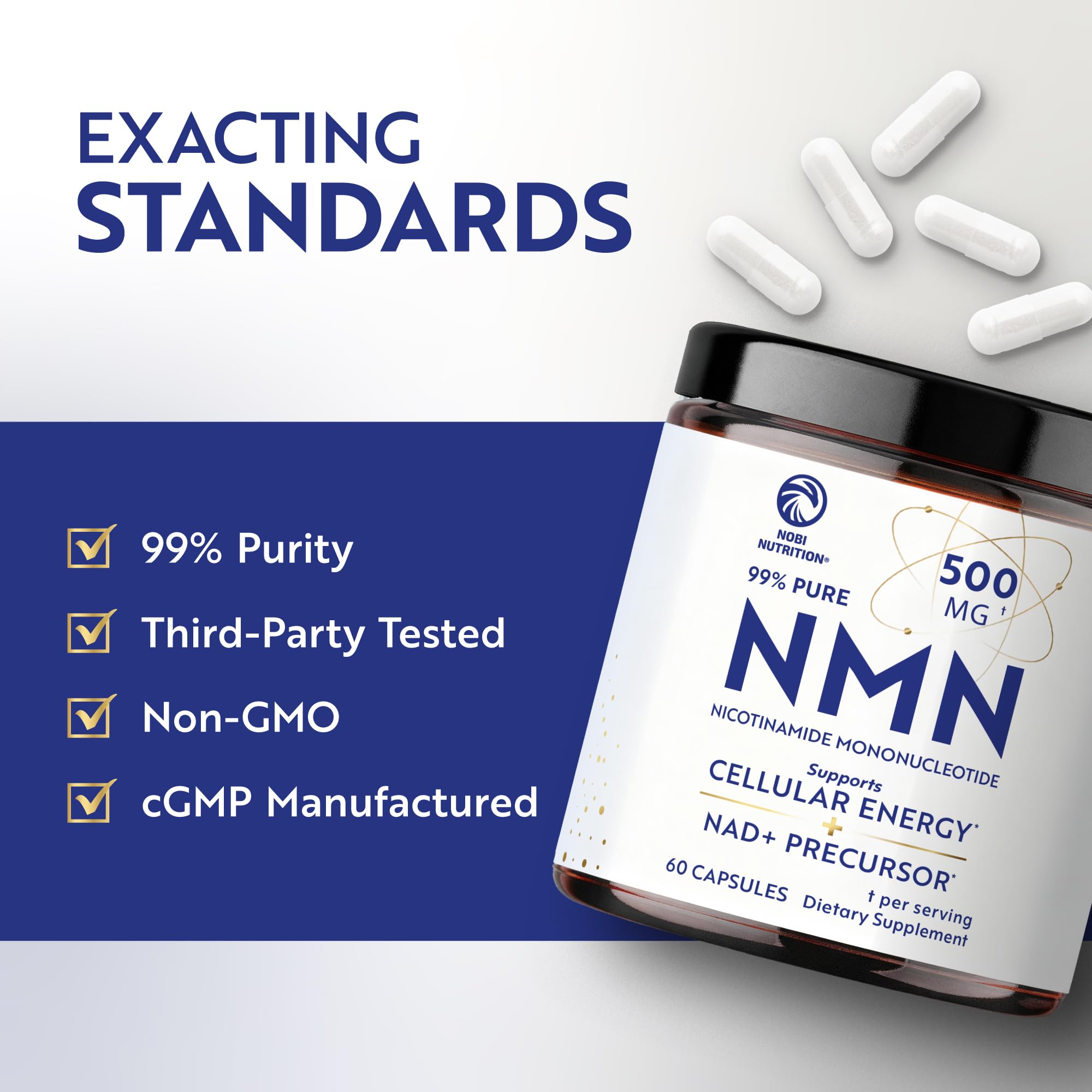 Nobi Nutrition NMN Supplement 500mg capsules in a hand