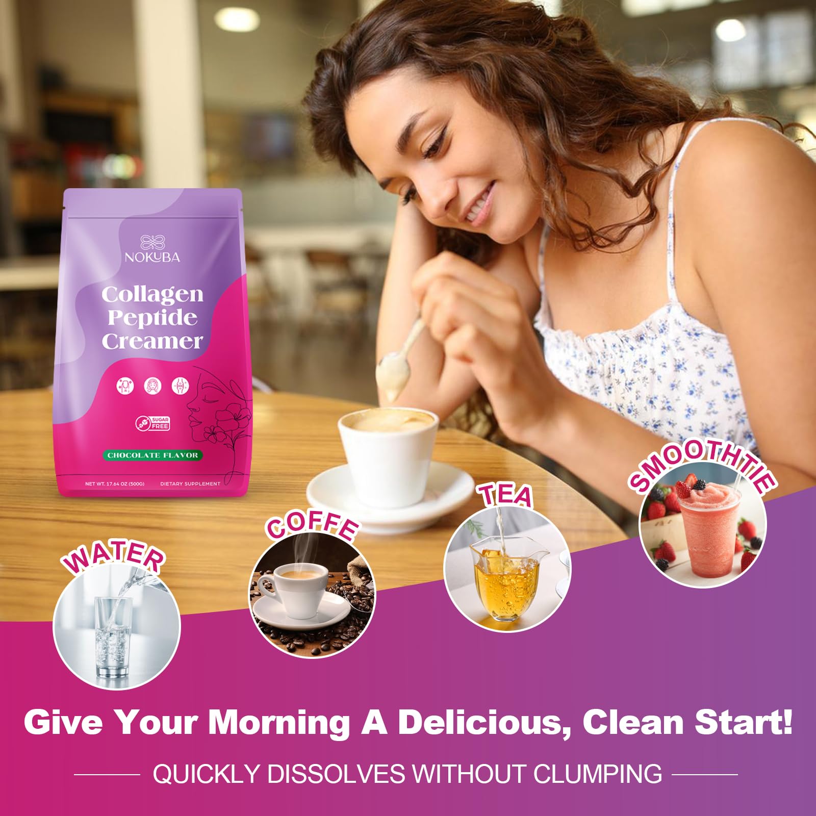Nokuba Collagen Coffee Creamer 508g serving suggestion with coffee