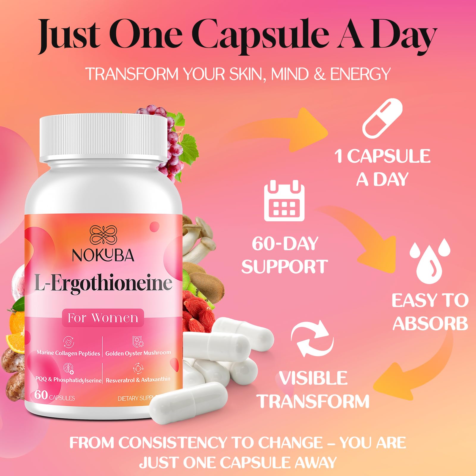 Nokuba Daily Wellness Capsules lifestyle scene on a kitchen counter