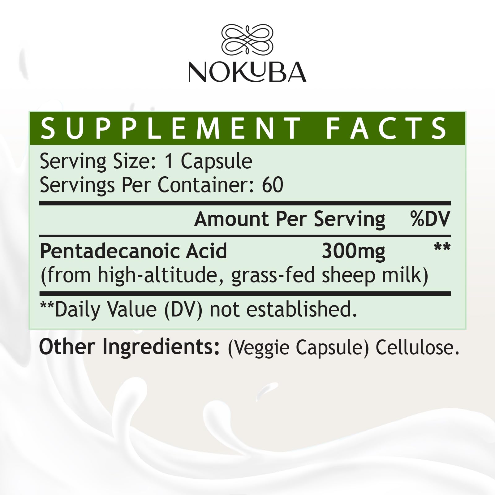 Nokuba Pentadecanoic Acid Omega-3 Supplement bottle with 60 capsules