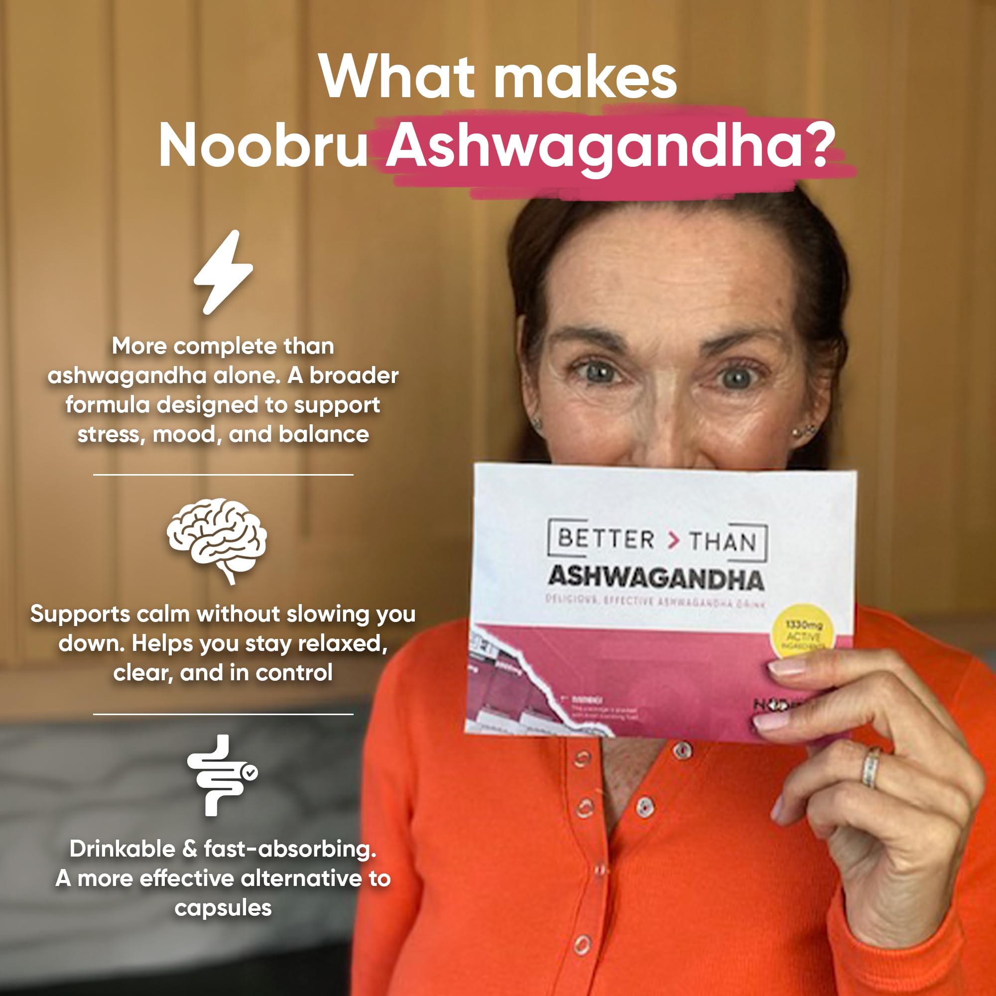 Noobru Better Than Ashwagandha supplement in a glass