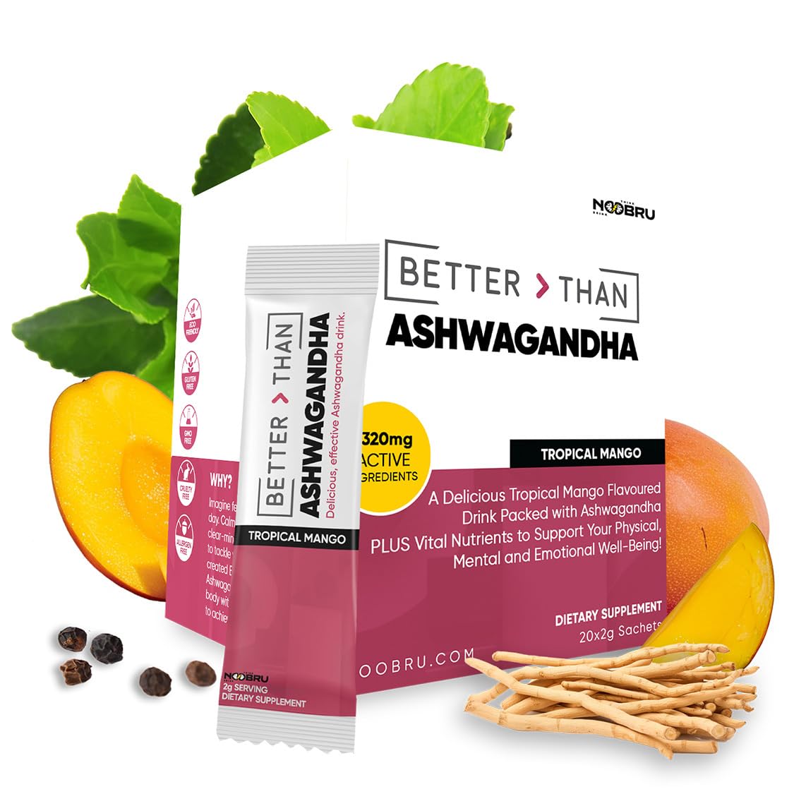 Noobru Better Than Ashwagandha tropical mango supplement front view