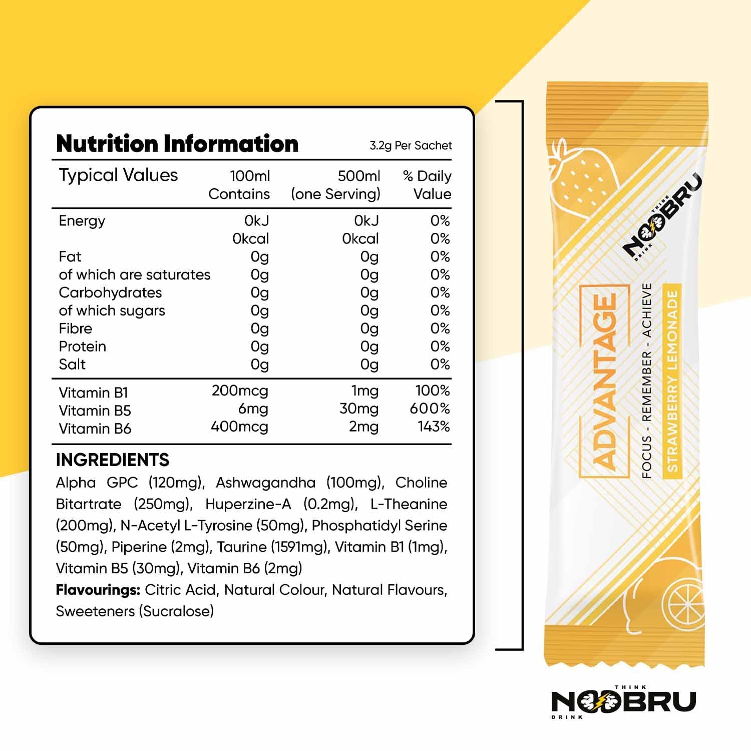 Noobru Nootropics Brain Support Supplement sachet back view