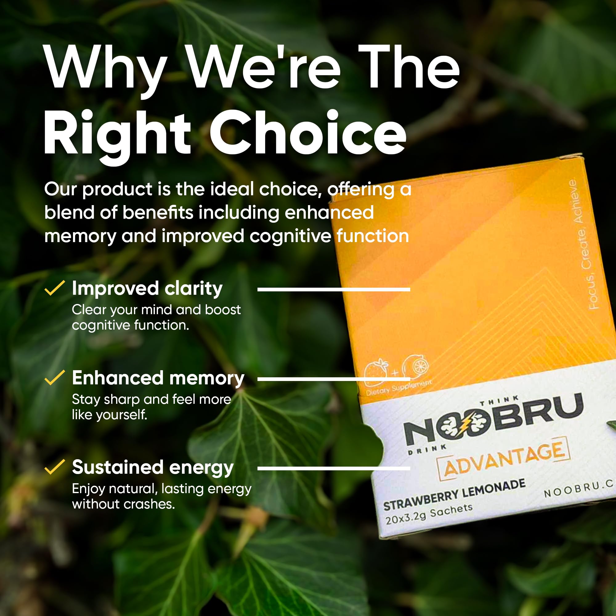 Noobru Nootropics Brain Support Supplement sachets arranged on a table