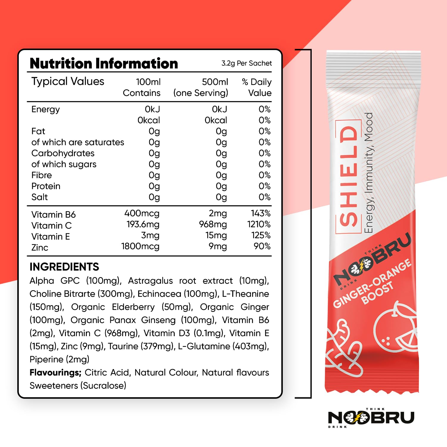 Noobru Shield sachet with ingredients list